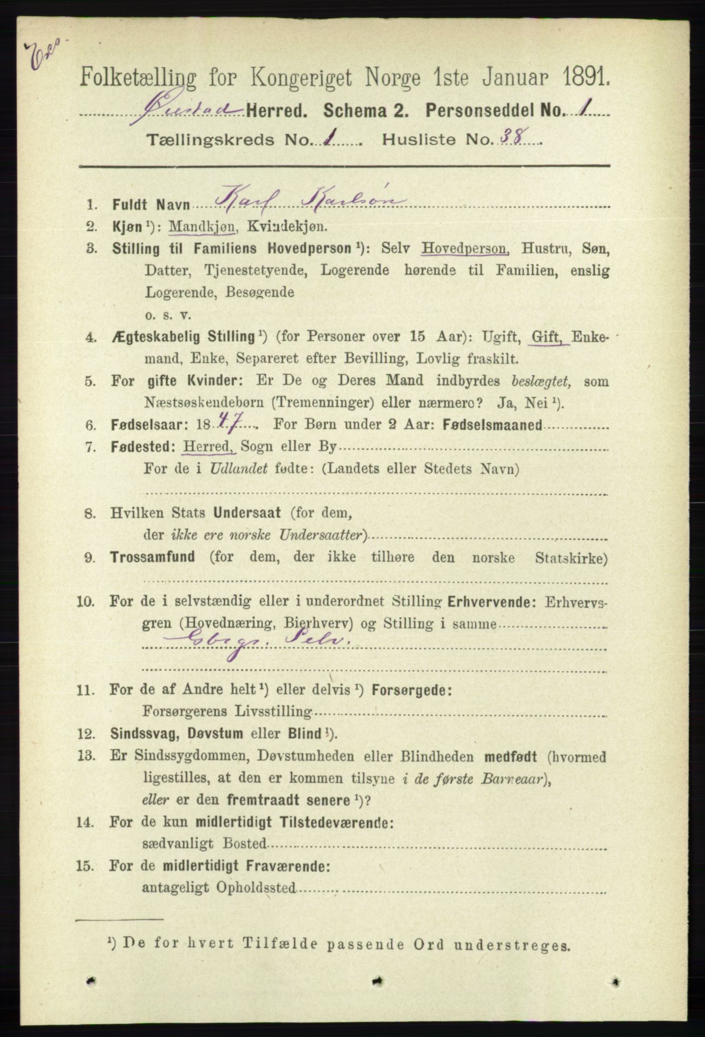 RA, Census 1891 for Nedenes amt: Gjenparter av personsedler for beslektede ektefeller, menn, 1891, p. 618