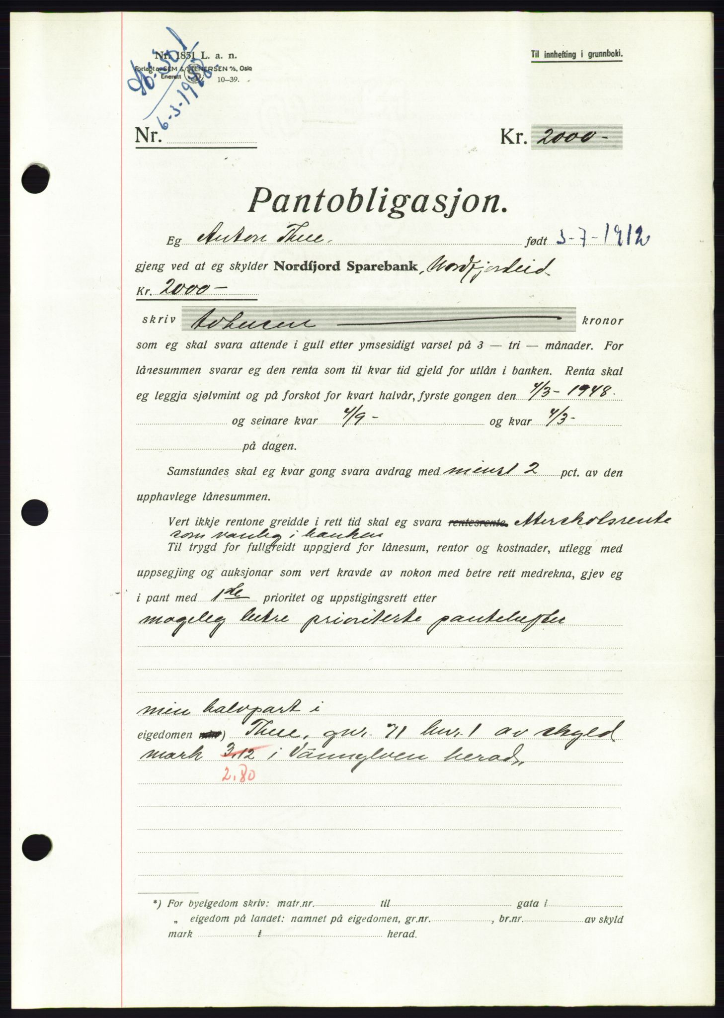 Søre Sunnmøre sorenskriveri, AV/SAT-A-4122/1/2/2C/L0115: Mortgage book no. 3B, 1947-1948, Diary no: : 301/1948