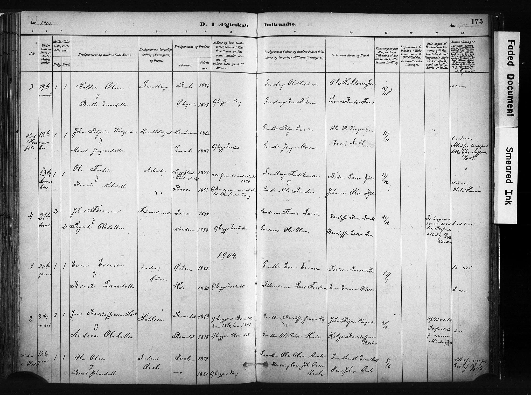 Vang prestekontor, Valdres, SAH/PREST-140/H/Ha/L0008: Parish register (official) no. 8, 1882-1910, p. 175
