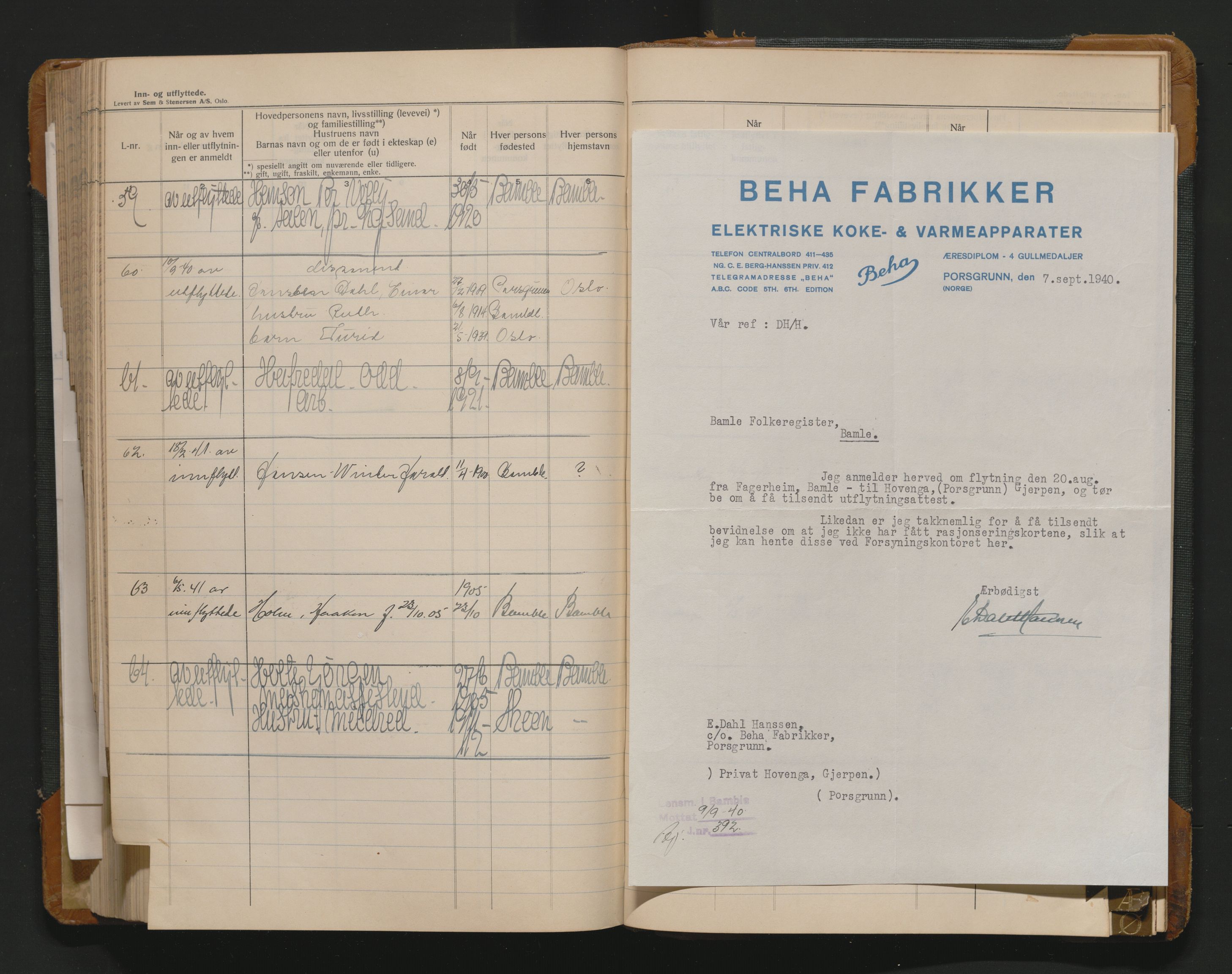 Bamble lensmannskontor, SAKO/A-552/O/Oa/L0003: Protokoll over inn- og utflyttede - Bamble, 1933-1942