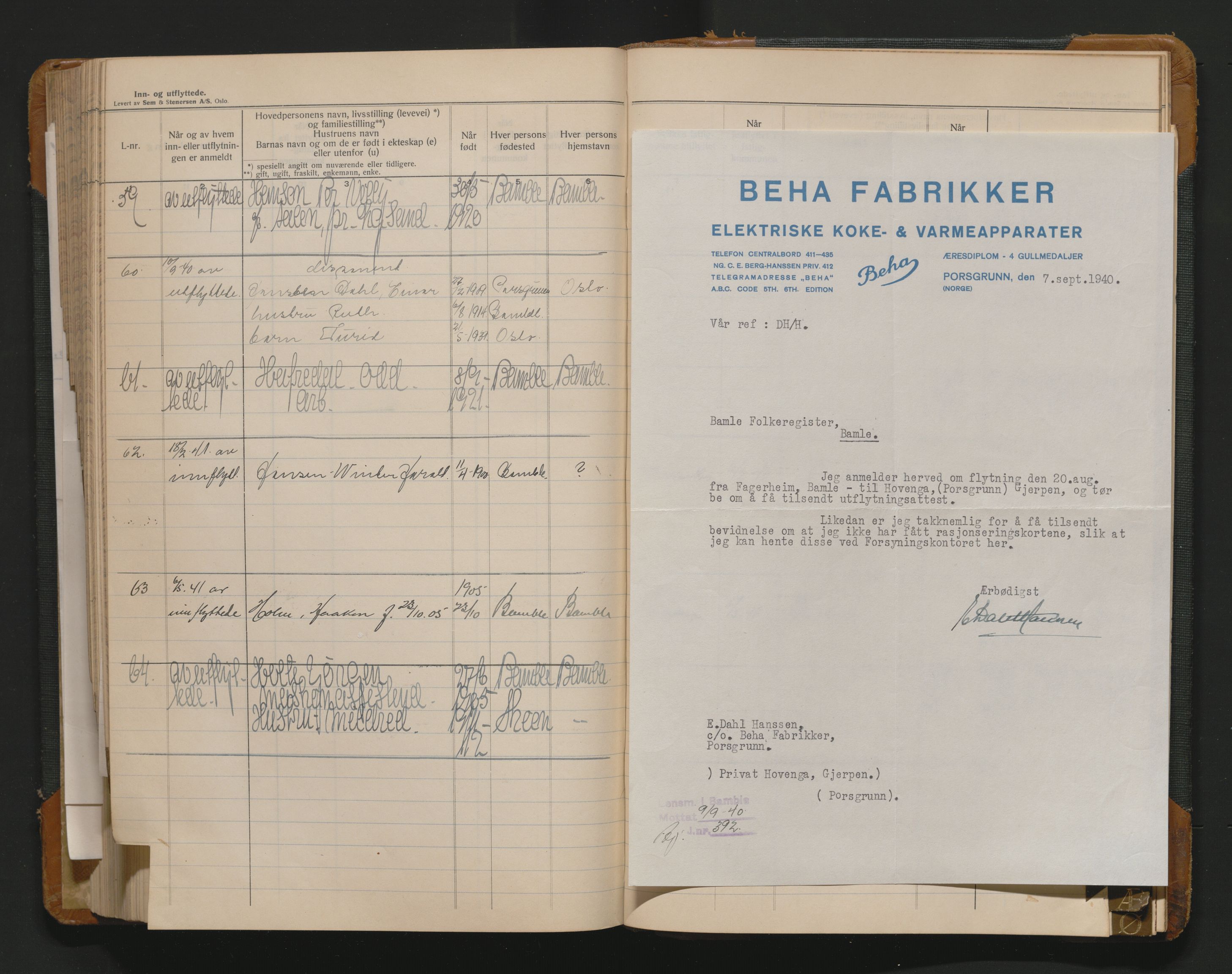 Bamble lensmannskontor, AV/SAKO-A-552/O/Oa/L0003: Protokoll over inn- og utflyttede - Bamble, 1933-1942