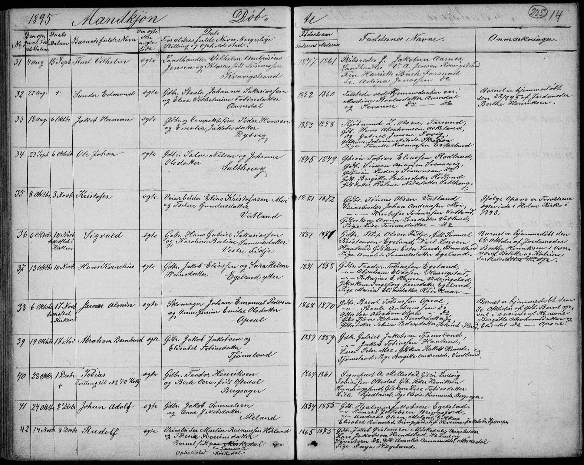 Lyngdal sokneprestkontor, AV/SAK-1111-0029/F/Fb/Fbc/L0004: Parish register (copy) no. B 4, 1878-1896, p. 235