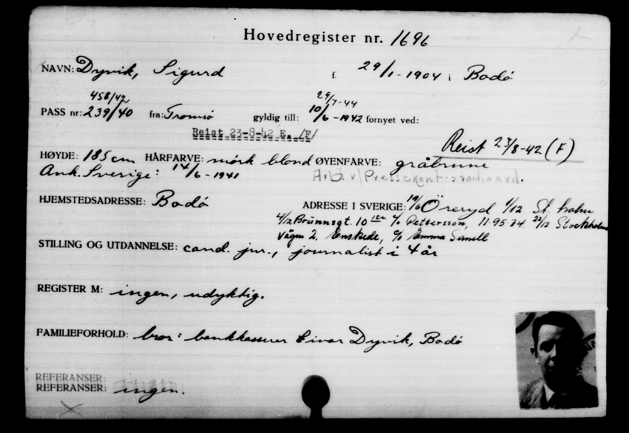 Utenriksstasjonene, Legasjonen i Stockholm, Flyktningkontoret, AV/RA-S-6753/V/Va/L0002: Kjesäterkartoteket, flyktninger med registreringsnr. 1001-2000, 1940-1945, p. 984