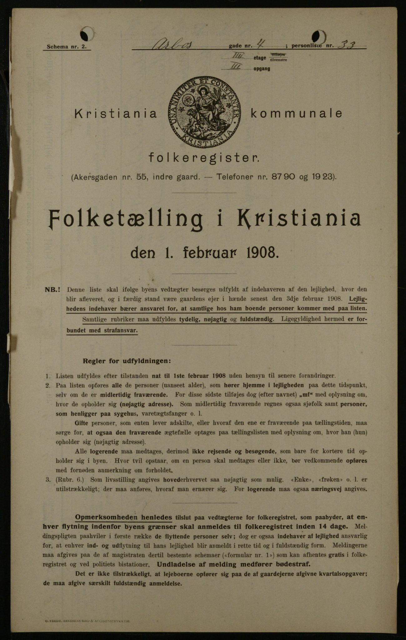 OBA, Municipal Census 1908 for Kristiania, 1908, p. 2105