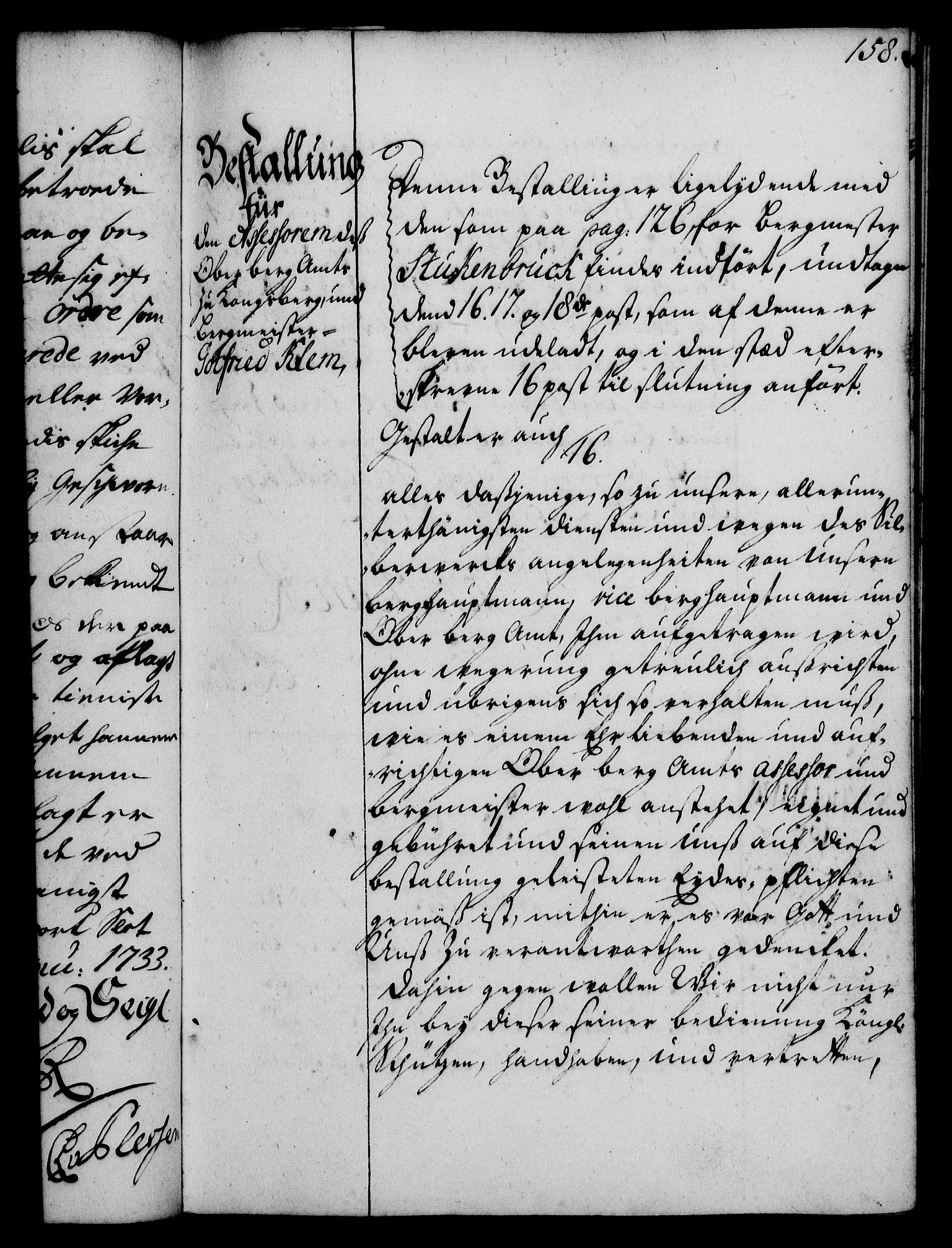Rentekammeret, Kammerkanselliet, RA/EA-3111/G/Gg/Gge/L0002: Norsk bestallingsprotokoll med register (merket RK 53.26), 1730-1744, p. 158