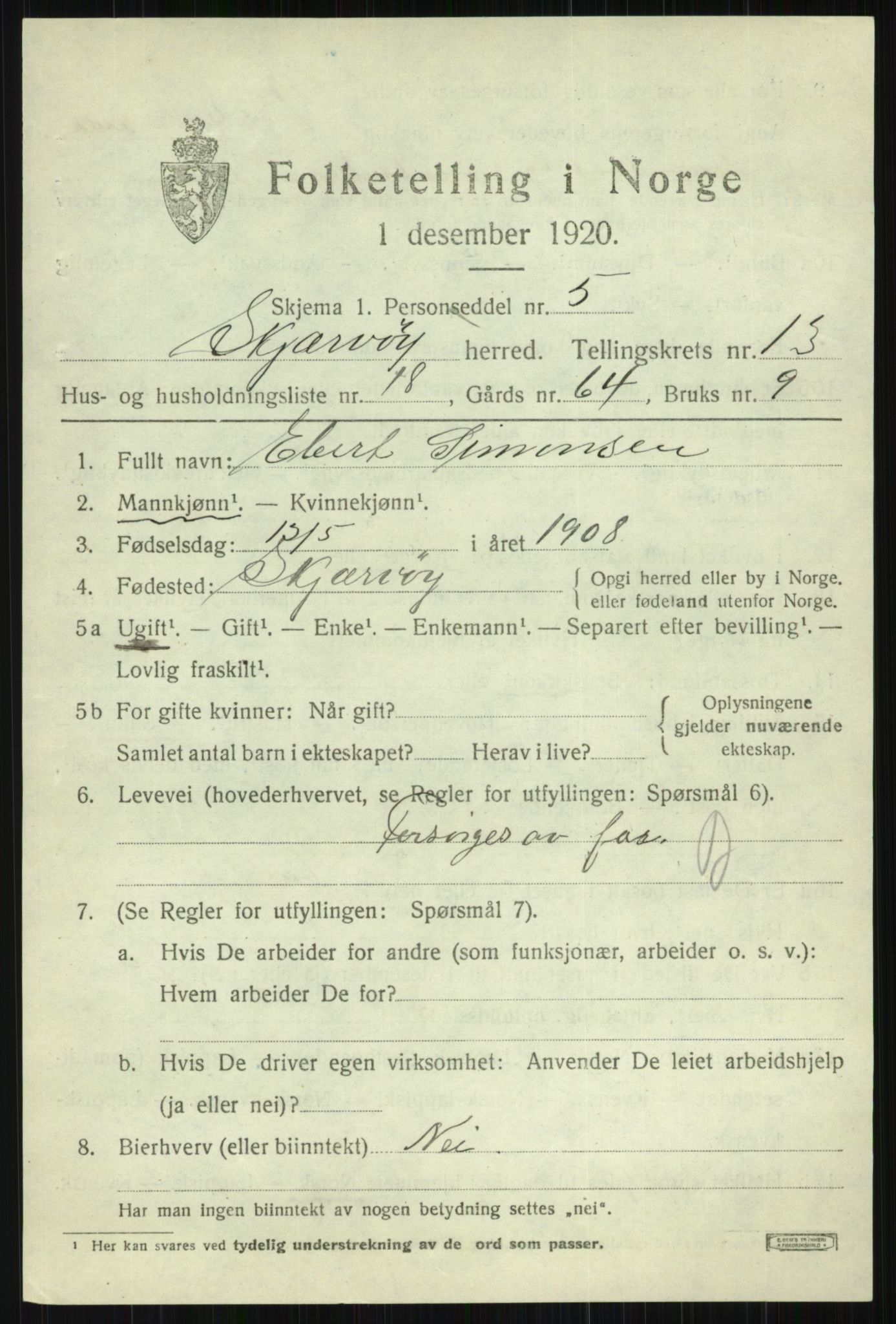 SATØ, 1920 census for Skjervøy, 1920, p. 6625