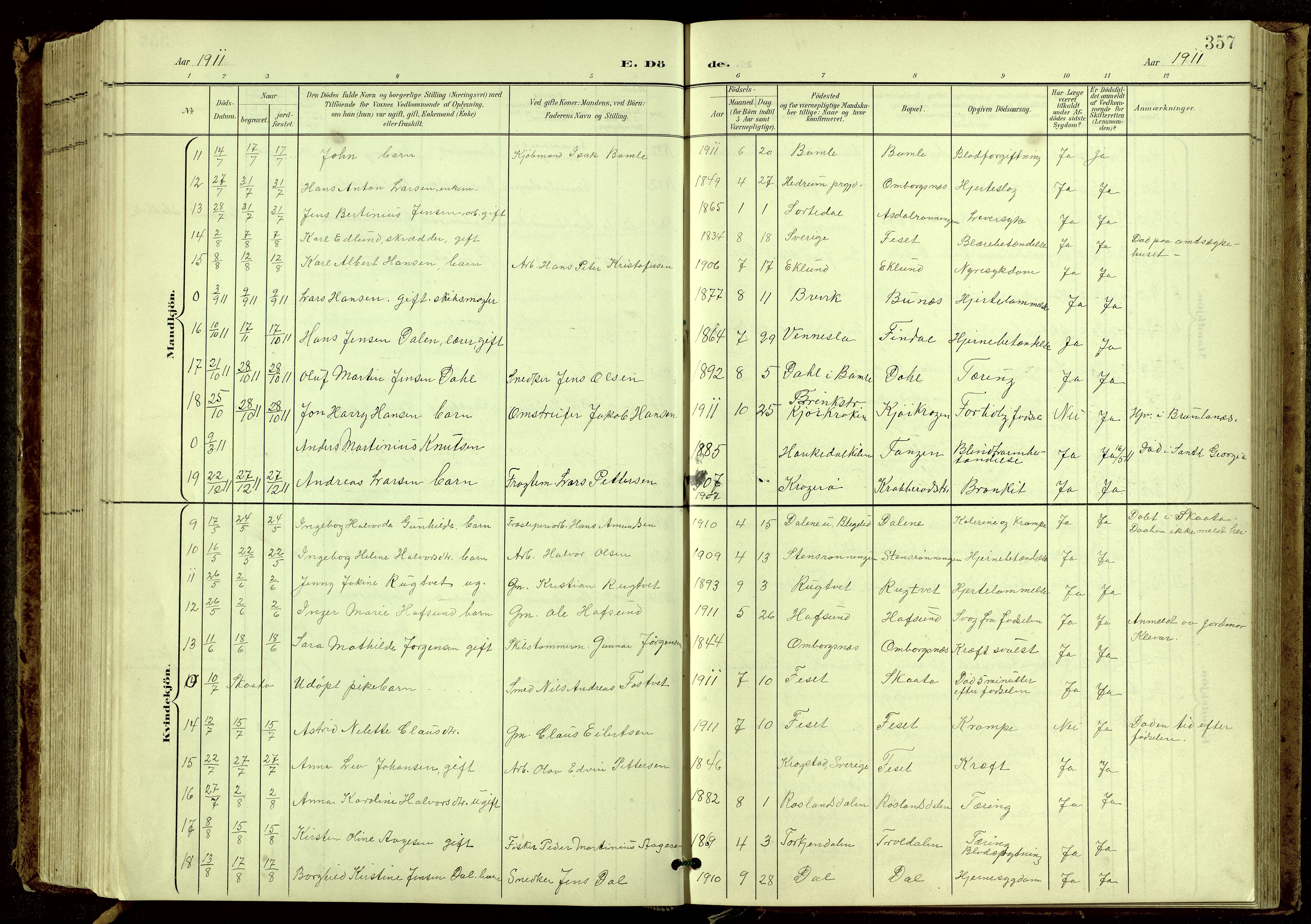 Bamble kirkebøker, SAKO/A-253/G/Ga/L0010: Parish register (copy) no. I 10, 1901-1919, p. 357