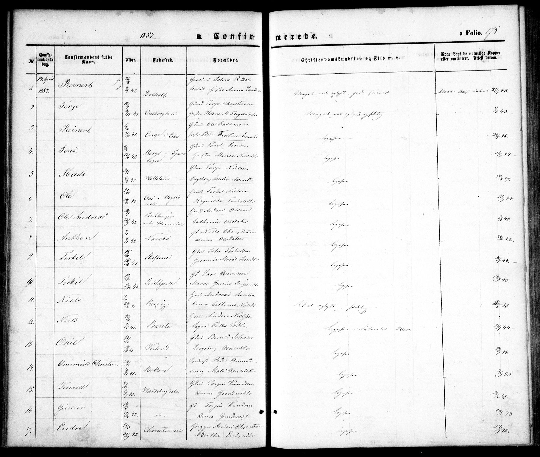 Hommedal sokneprestkontor, AV/SAK-1111-0023/F/Fa/Fab/L0004: Parish register (official) no. A 4, 1848-1860, p. 175