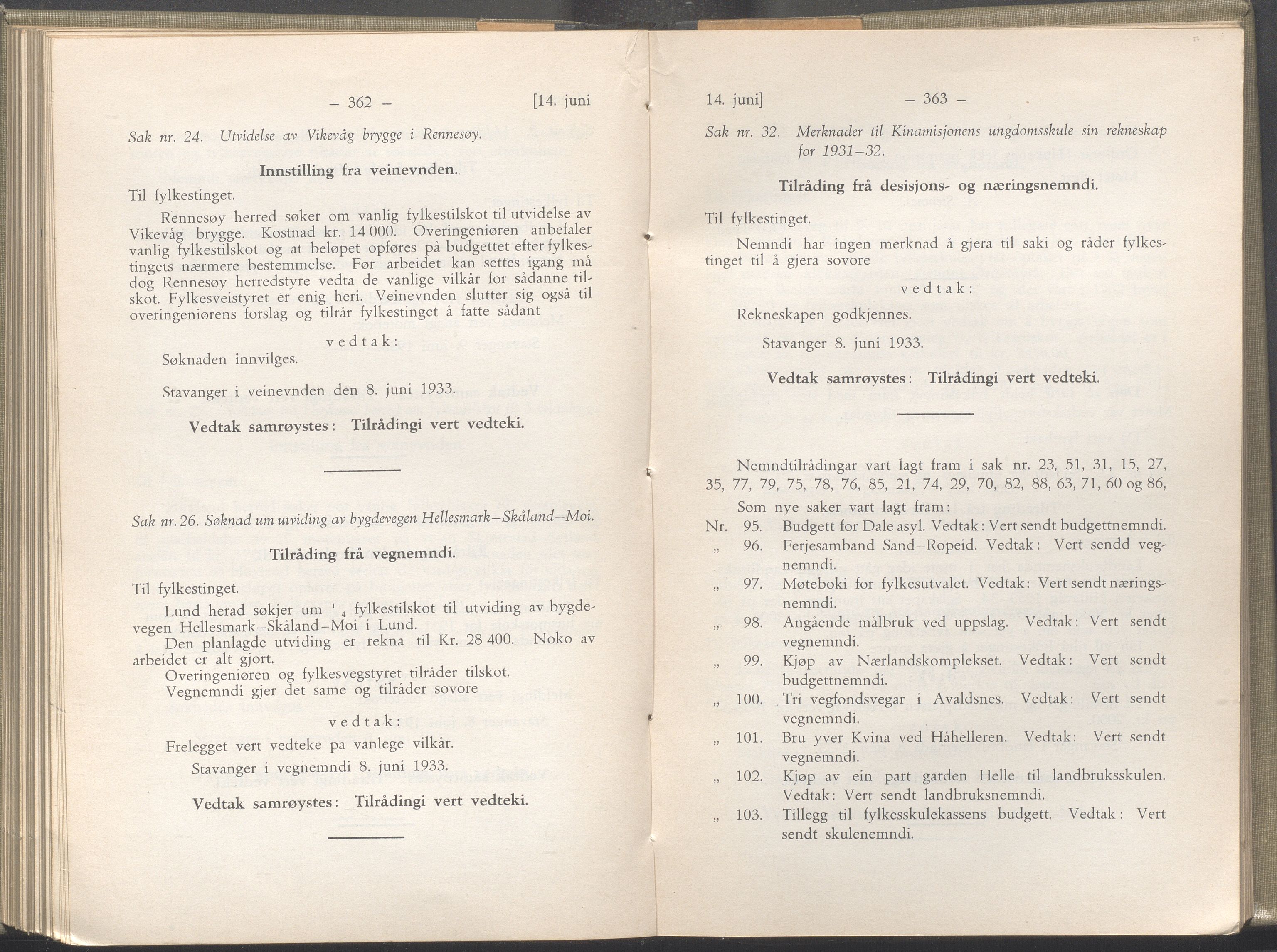 Rogaland fylkeskommune - Fylkesrådmannen , IKAR/A-900/A/Aa/Aaa/L0052: Møtebok , 1933, p. 362-363