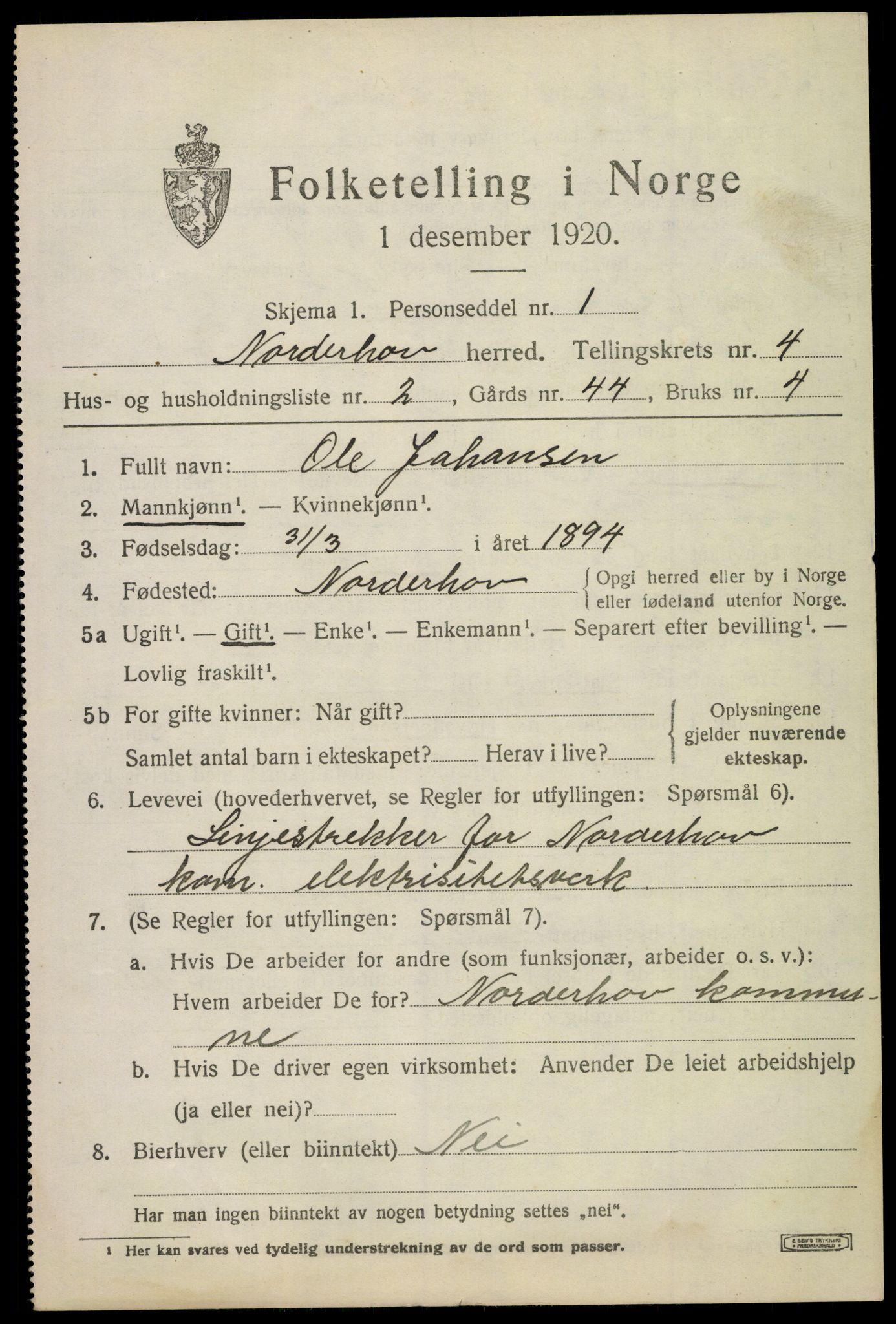 SAKO, 1920 census for Norderhov, 1920, p. 6209