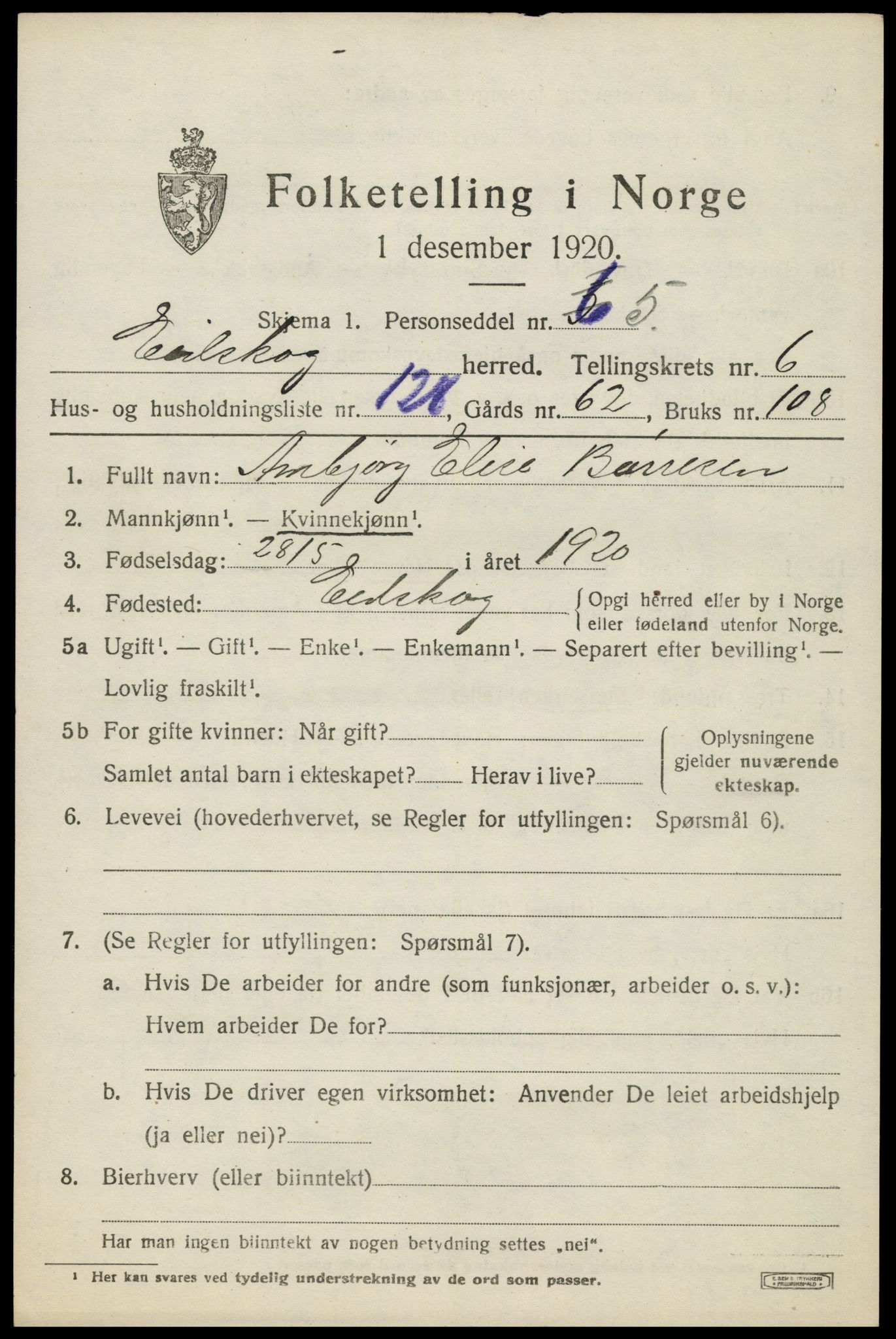 SAH, 1920 census for Eidskog, 1920, p. 7813