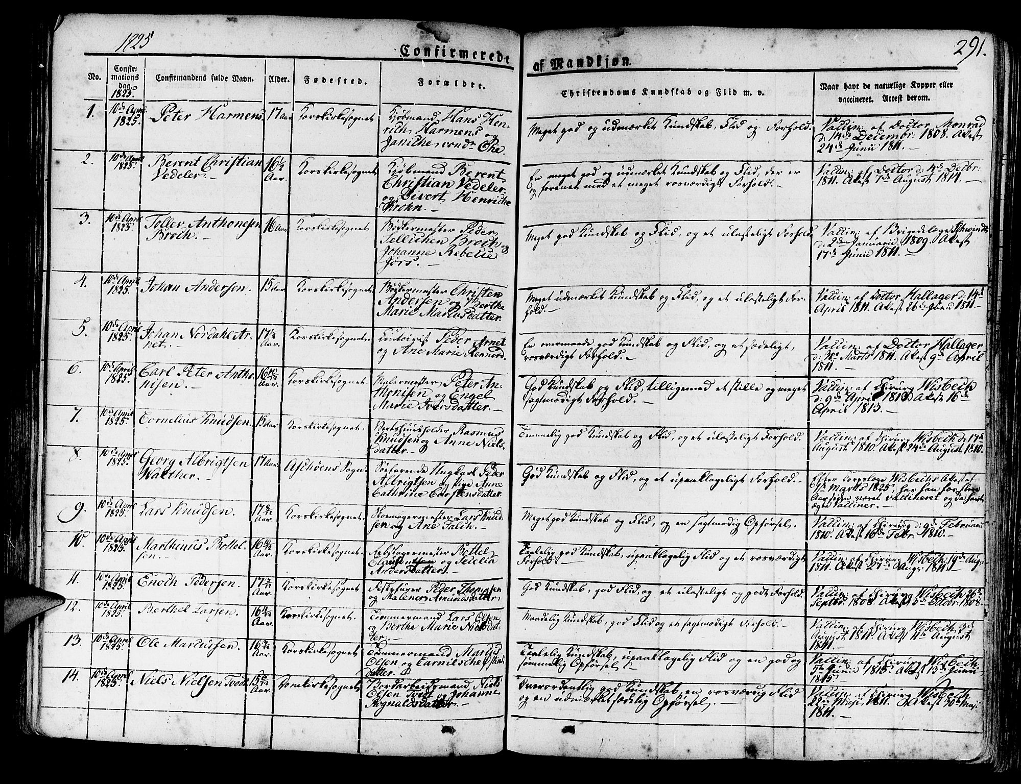 Korskirken sokneprestembete, AV/SAB-A-76101/H/Haa/L0014: Parish register (official) no. A 14, 1823-1835, p. 291