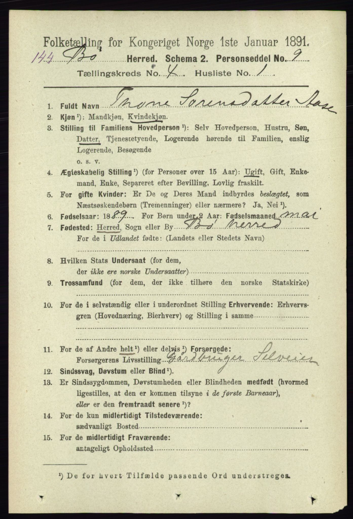 RA, 1891 census for 0821 Bø, 1891, p. 1232