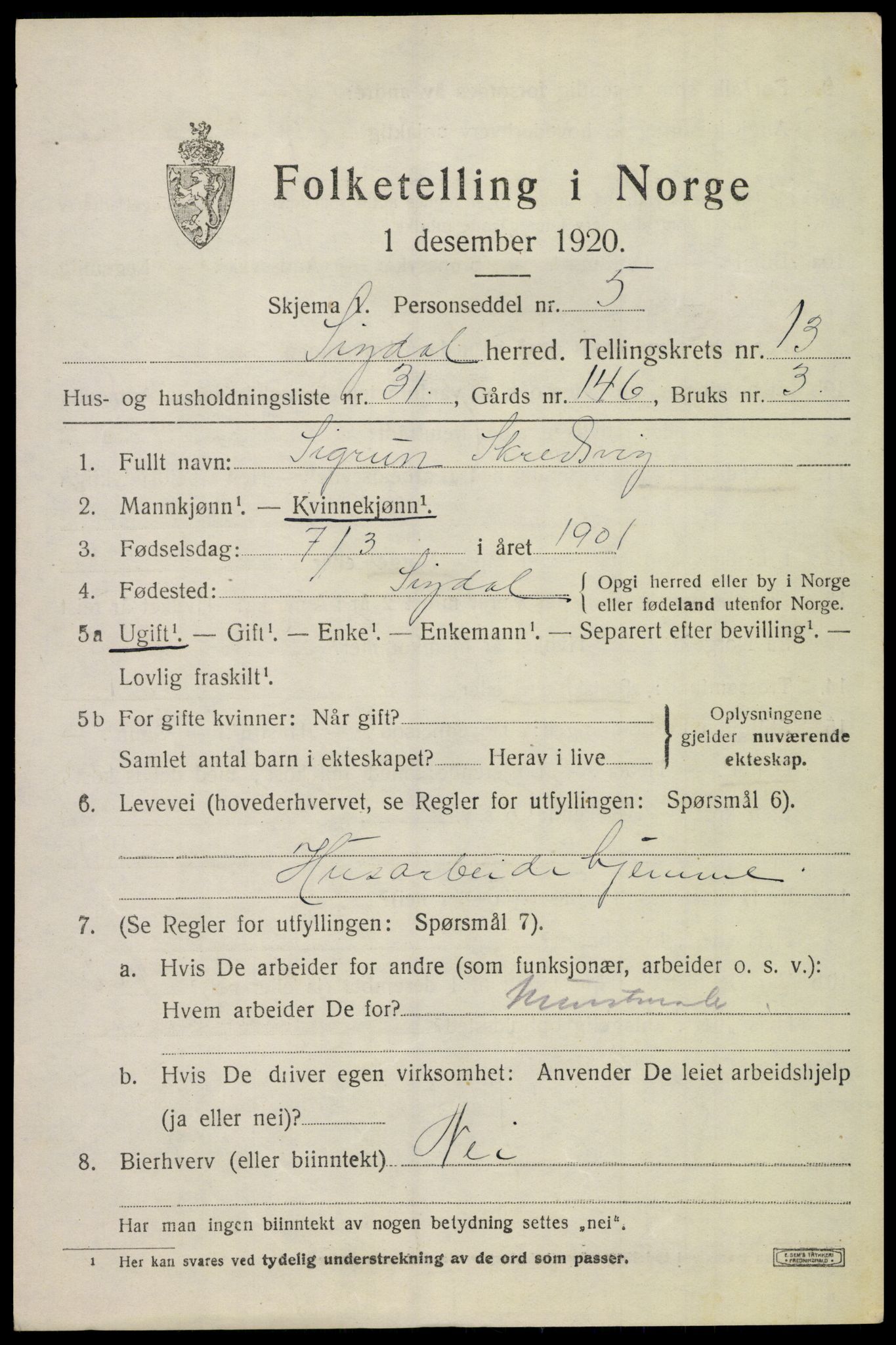 SAKO, 1920 census for Sigdal, 1920, p. 8410