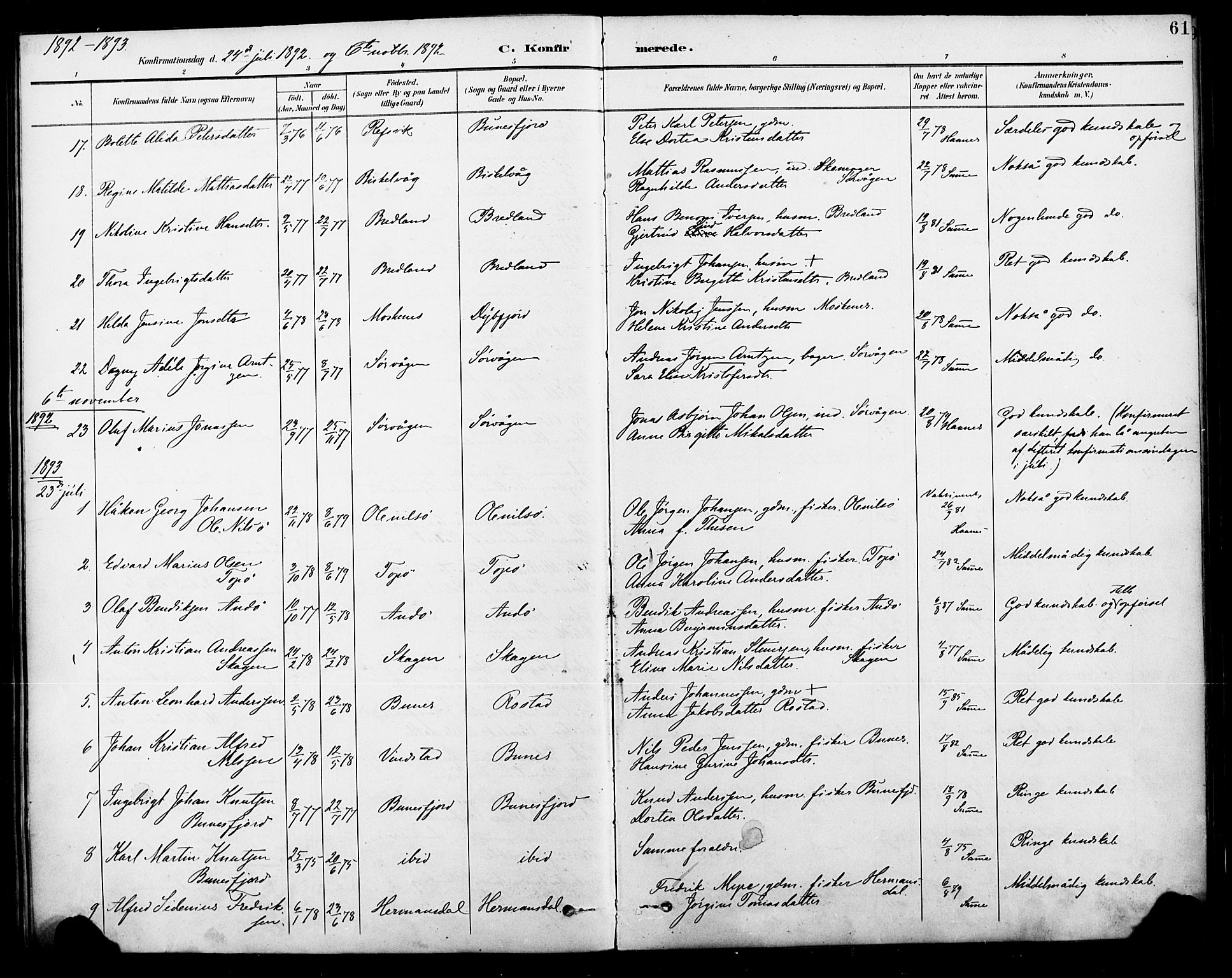 Ministerialprotokoller, klokkerbøker og fødselsregistre - Nordland, AV/SAT-A-1459/886/L1220: Parish register (official) no. 886A02, 1892-1903, p. 61