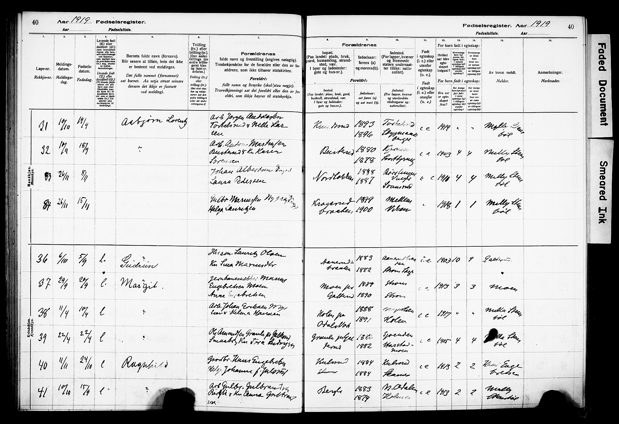 Sør-Odal prestekontor, SAH/PREST-030/I/Id: Birth register no. 1, 1916-1931, p. 40