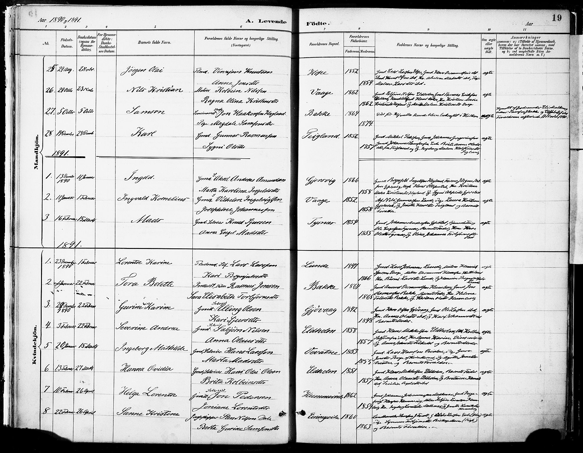 Tysnes sokneprestembete, SAB/A-78601/H/Haa: Parish register (official) no. B 1, 1887-1906, p. 19