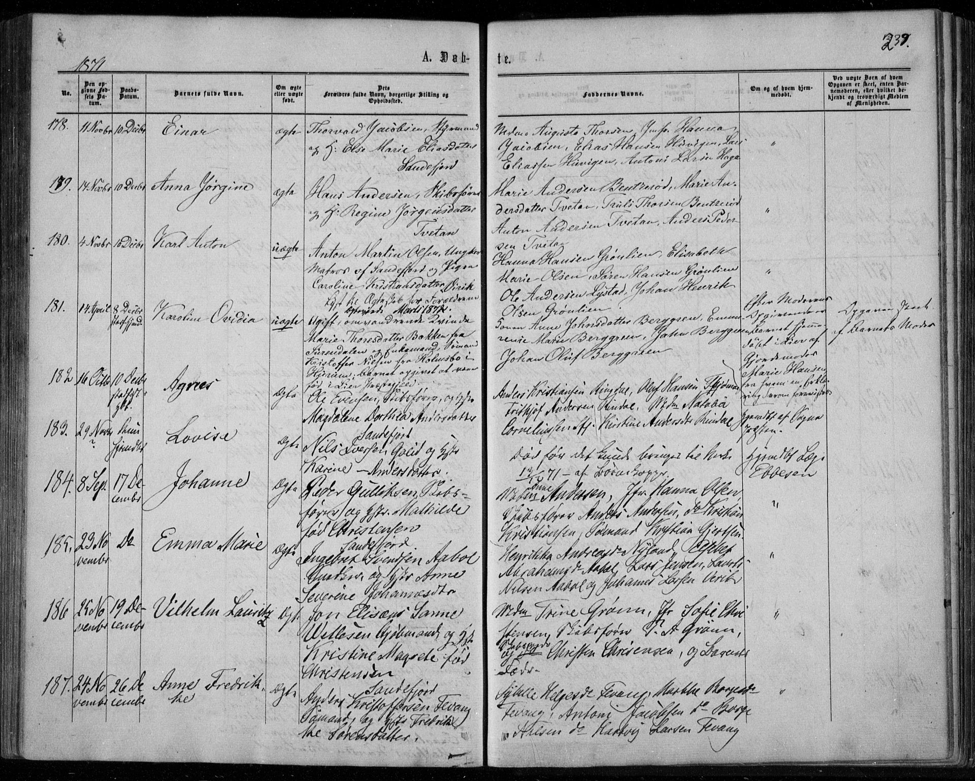 Sandar kirkebøker, SAKO/A-243/F/Fa/L0008: Parish register (official) no. 8, 1862-1871, p. 239