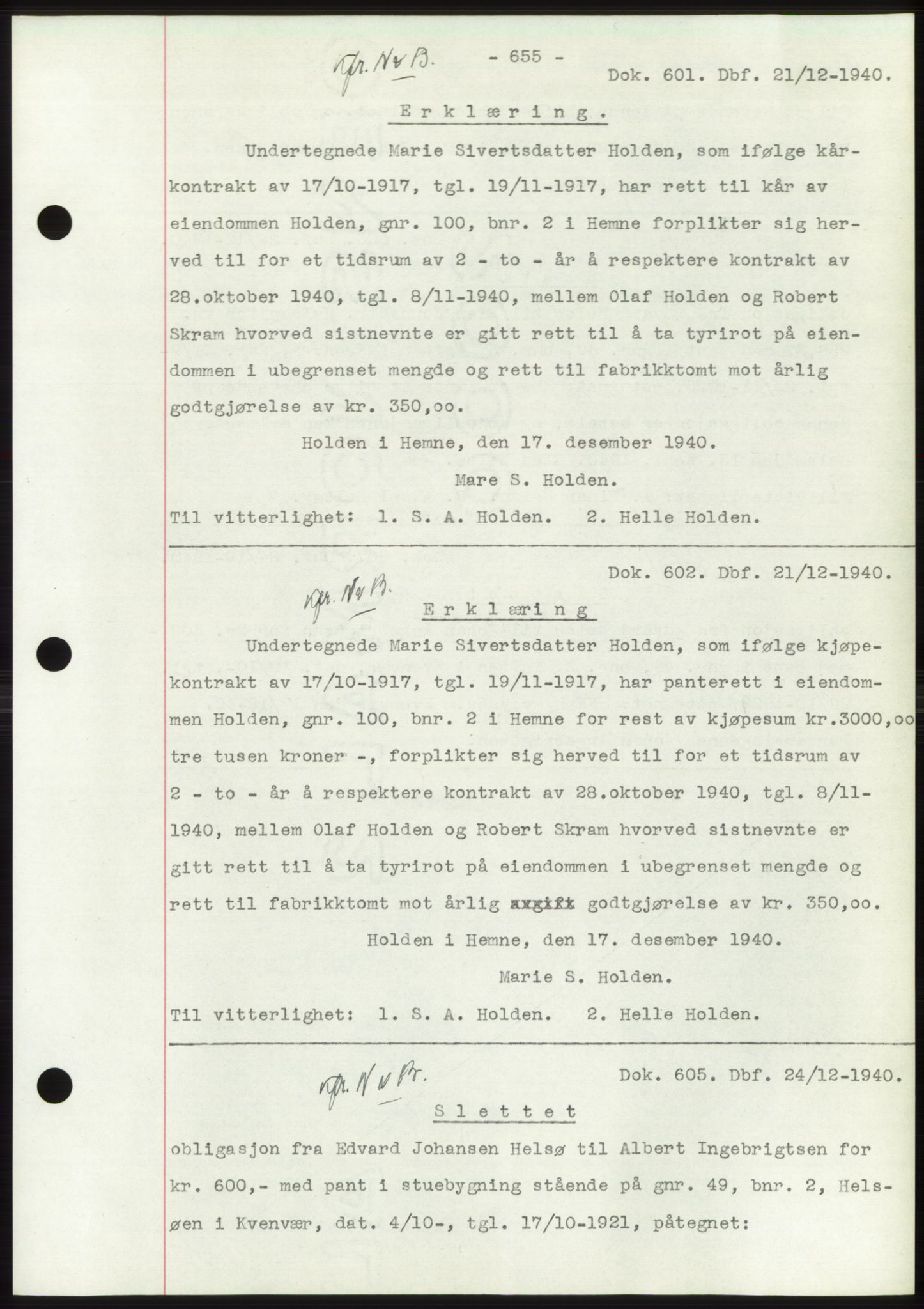 Hitra sorenskriveri, AV/SAT-A-0018/2/2C/2Ca: Mortgage book no. C1, 1936-1945, Diary no: : 601/1940