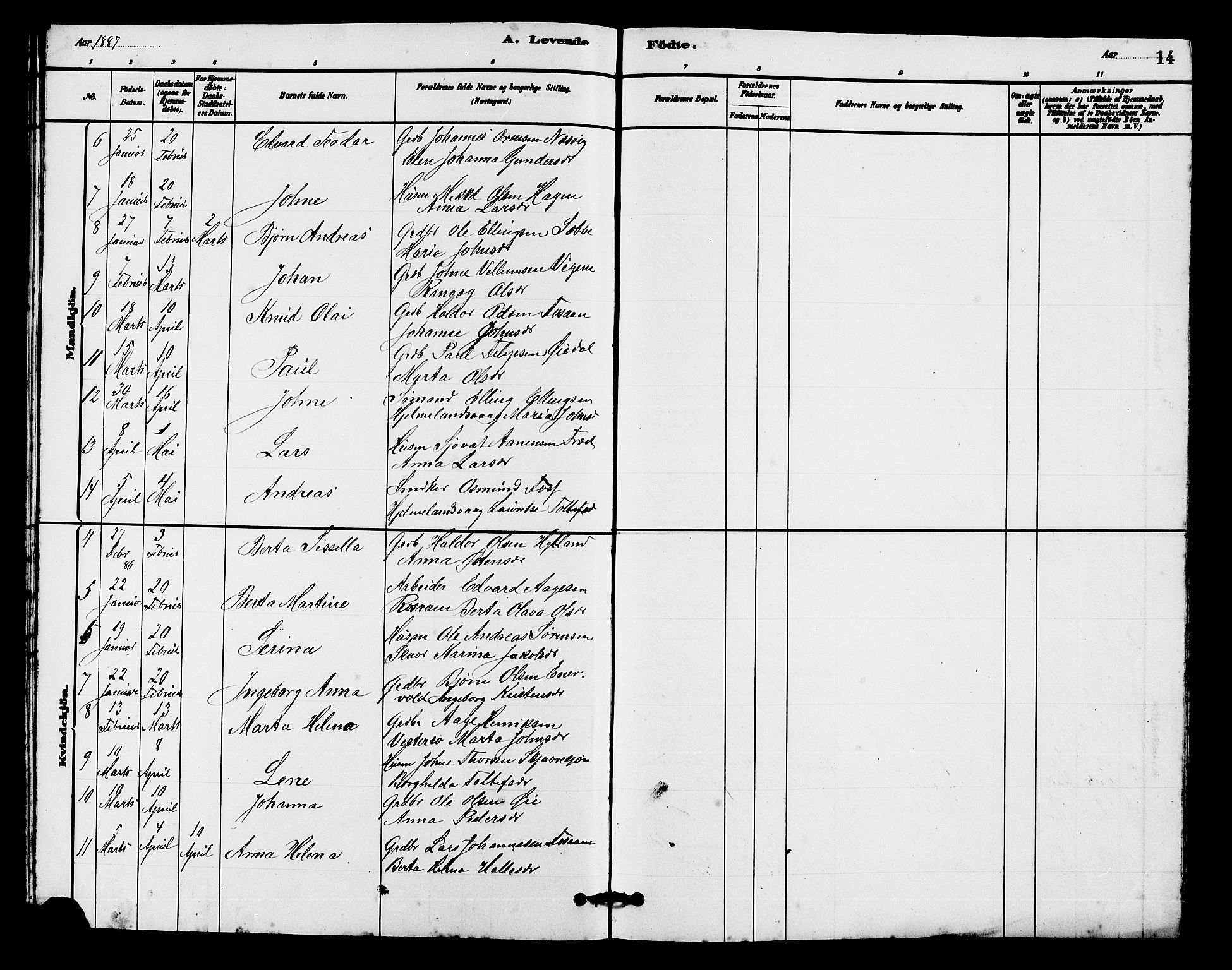 Hjelmeland sokneprestkontor, SAST/A-101843/01/V/L0007: Parish register (copy) no. B 7, 1880-1909, p. 14