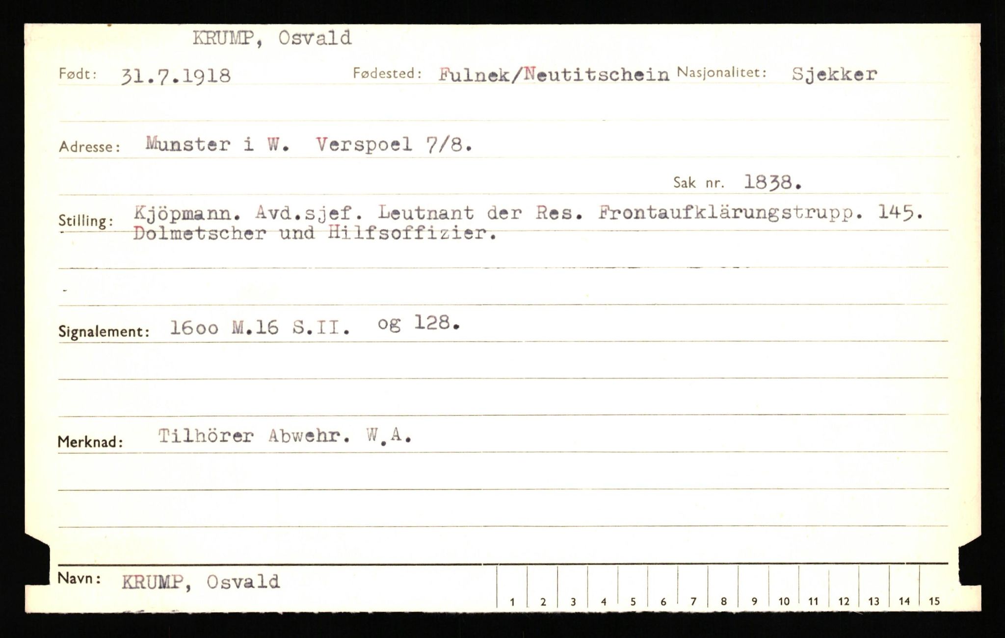 Forsvaret, Forsvarets overkommando II, RA/RAFA-3915/D/Db/L0041: CI Questionaires.  Diverse nasjonaliteter., 1945-1946, p. 247