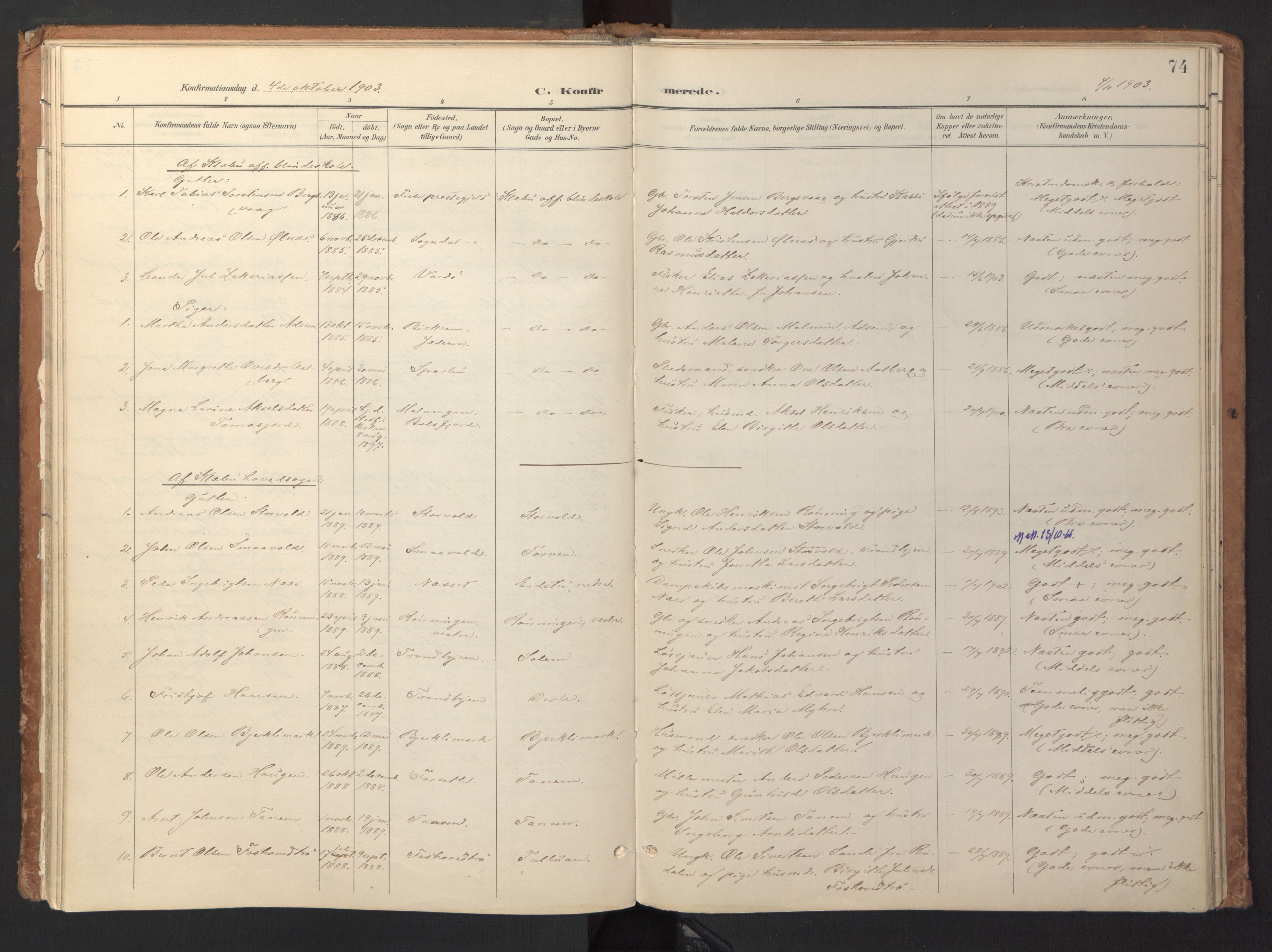 Ministerialprotokoller, klokkerbøker og fødselsregistre - Sør-Trøndelag, SAT/A-1456/618/L0448: Parish register (official) no. 618A11, 1898-1916, p. 74