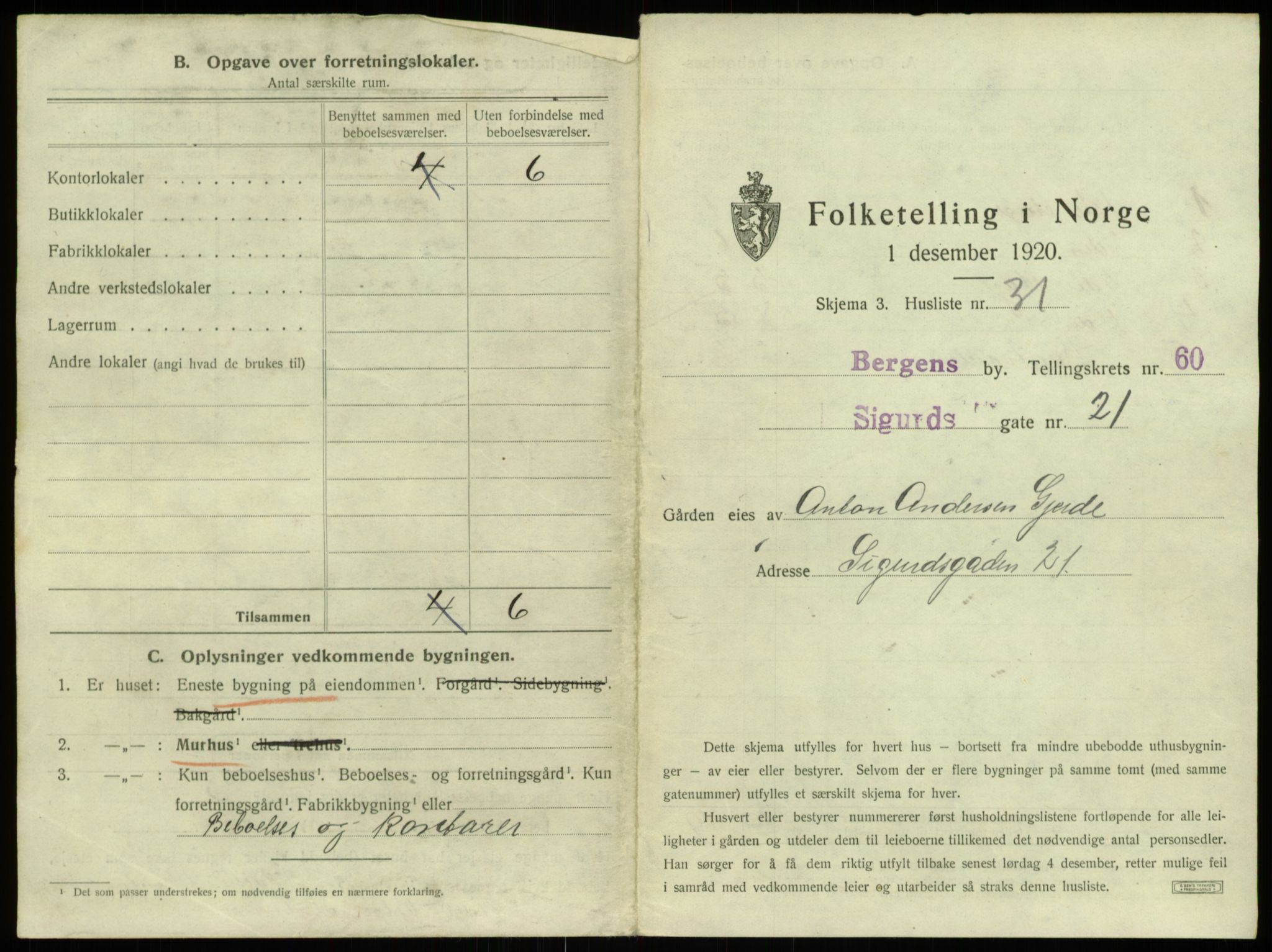 SAB, 1920 census for Bergen, 1920, p. 5497