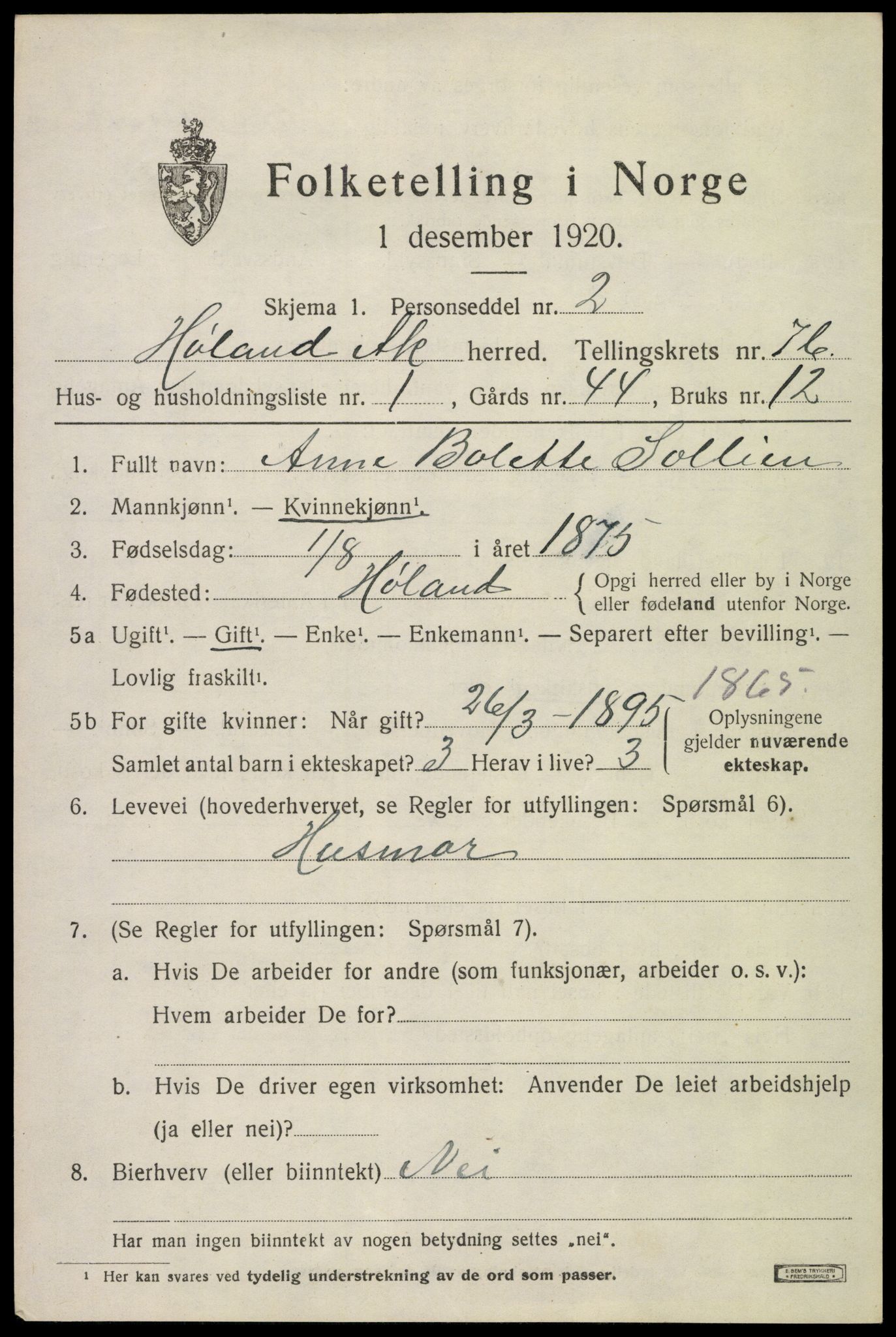 SAO, 1920 census for Høland, 1920, p. 9651