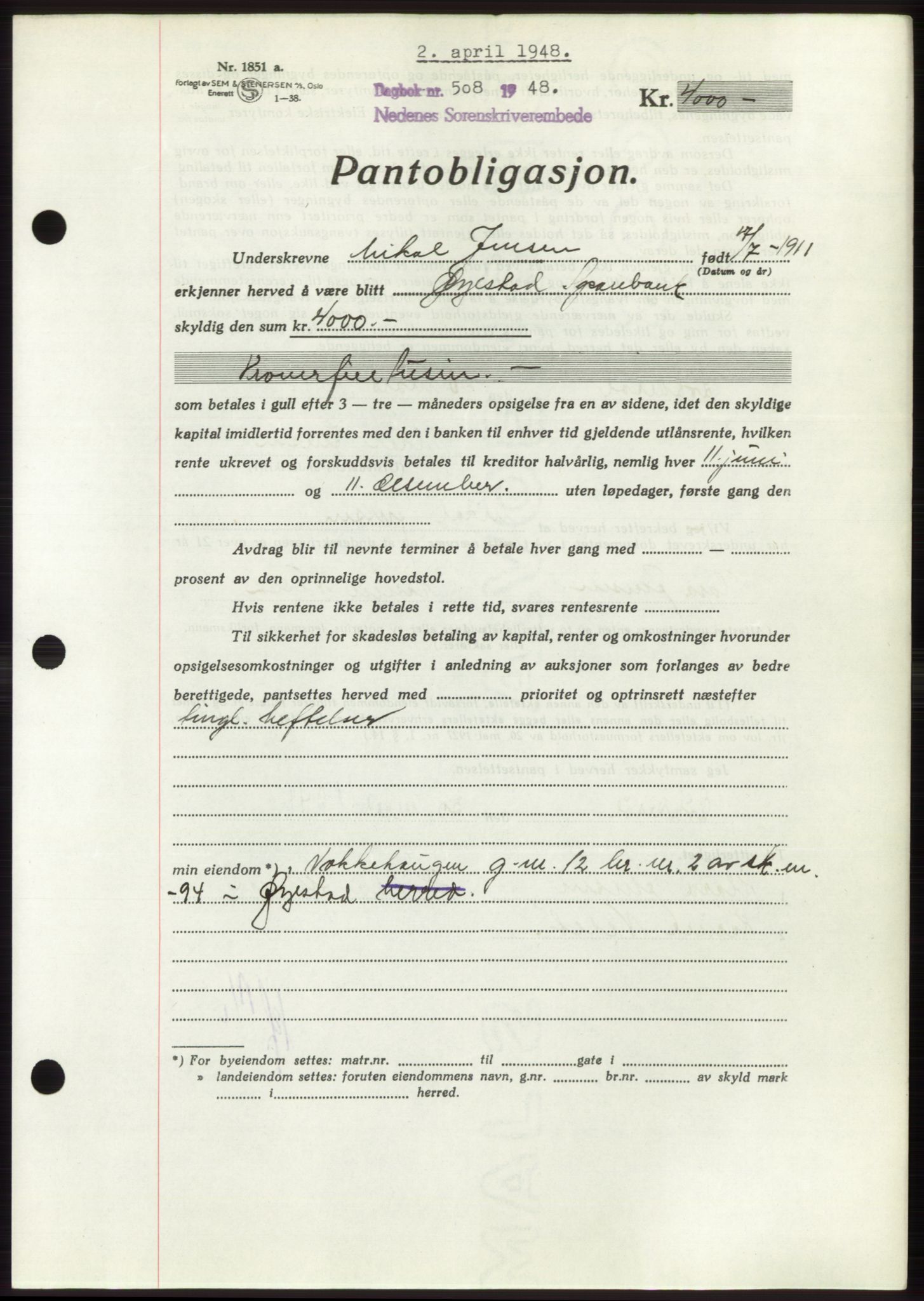 Nedenes sorenskriveri, AV/SAK-1221-0006/G/Gb/Gbb/L0005: Mortgage book no. B5, 1948-1948, Diary no: : 508/1948
