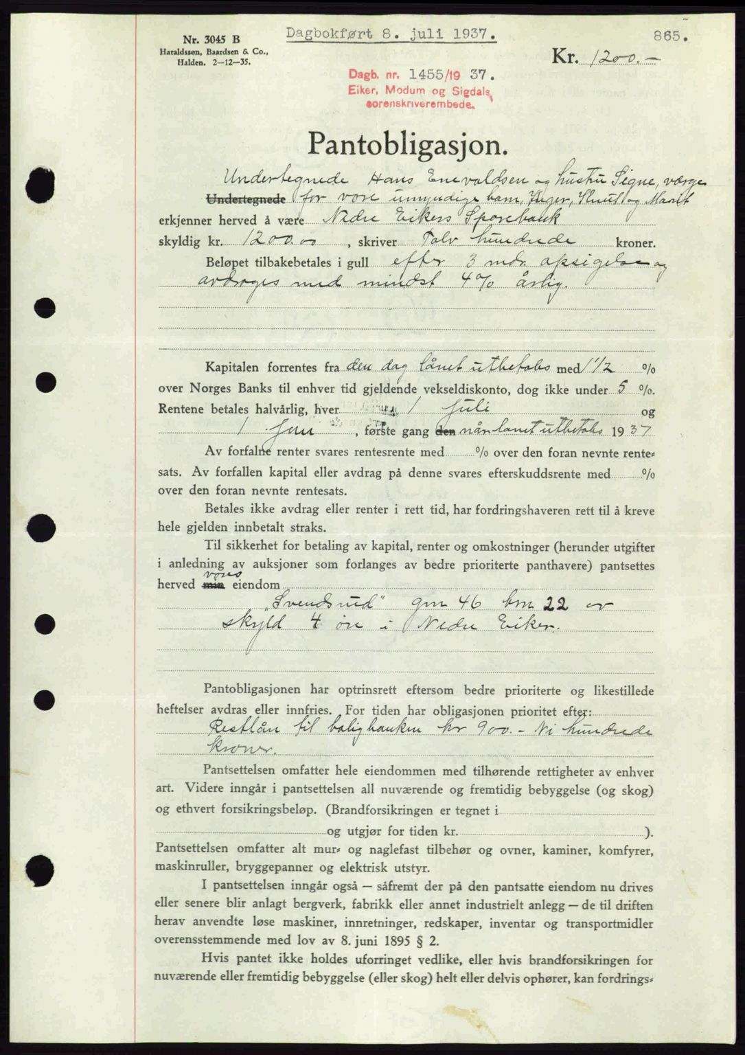 Eiker, Modum og Sigdal sorenskriveri, SAKO/A-123/G/Ga/Gab/L0035: Mortgage book no. A5, 1937-1937, Diary no: : 1455/1937