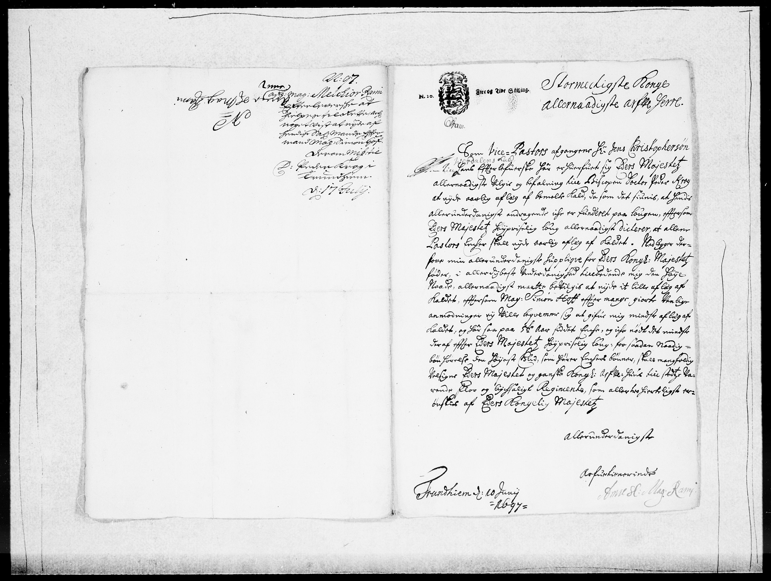 Danske Kanselli 1572-1799, AV/RA-EA-3023/F/Fc/Fcc/Fcca/L0048: Norske innlegg 1572-1799, 1697-1699, p. 1