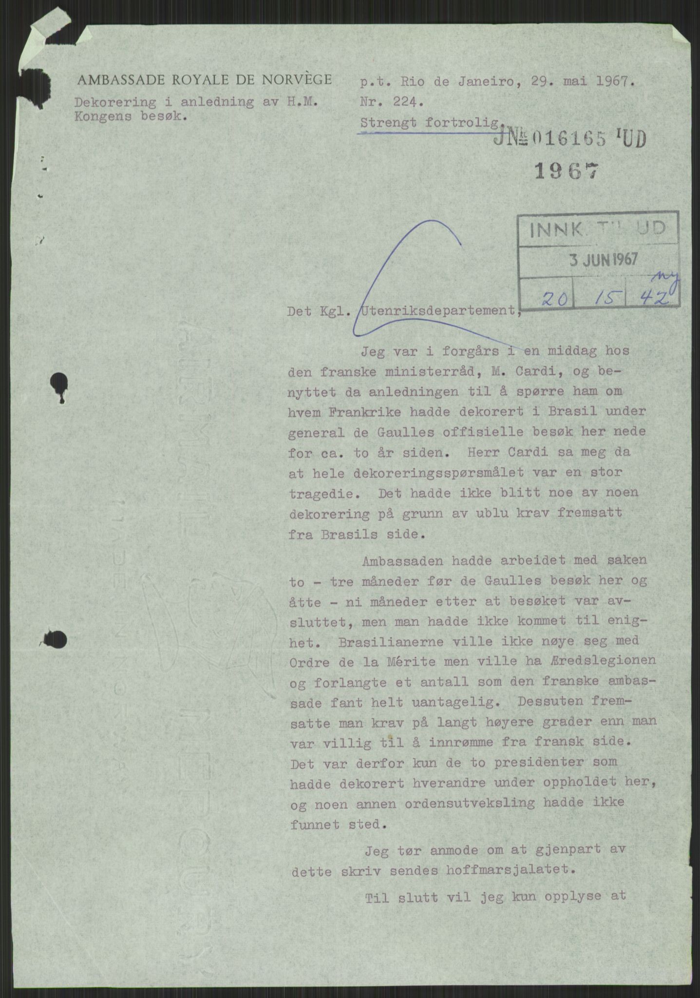 Utenriksdepartementet, hovedarkiv, AV/RA-S-6794/D/Da/Daa/L0542: Ordensvesen. Statsoverhoders og fyrsters jubiléer og begravelser. Ordensvesen. Statsoverhoders og fyrsters jubiléer og begravelser. Statsjubiléer. Fyrstebesøk (utvekslinger). Flåtebesøk (utvekslinger), 1960-1969, p. 1139