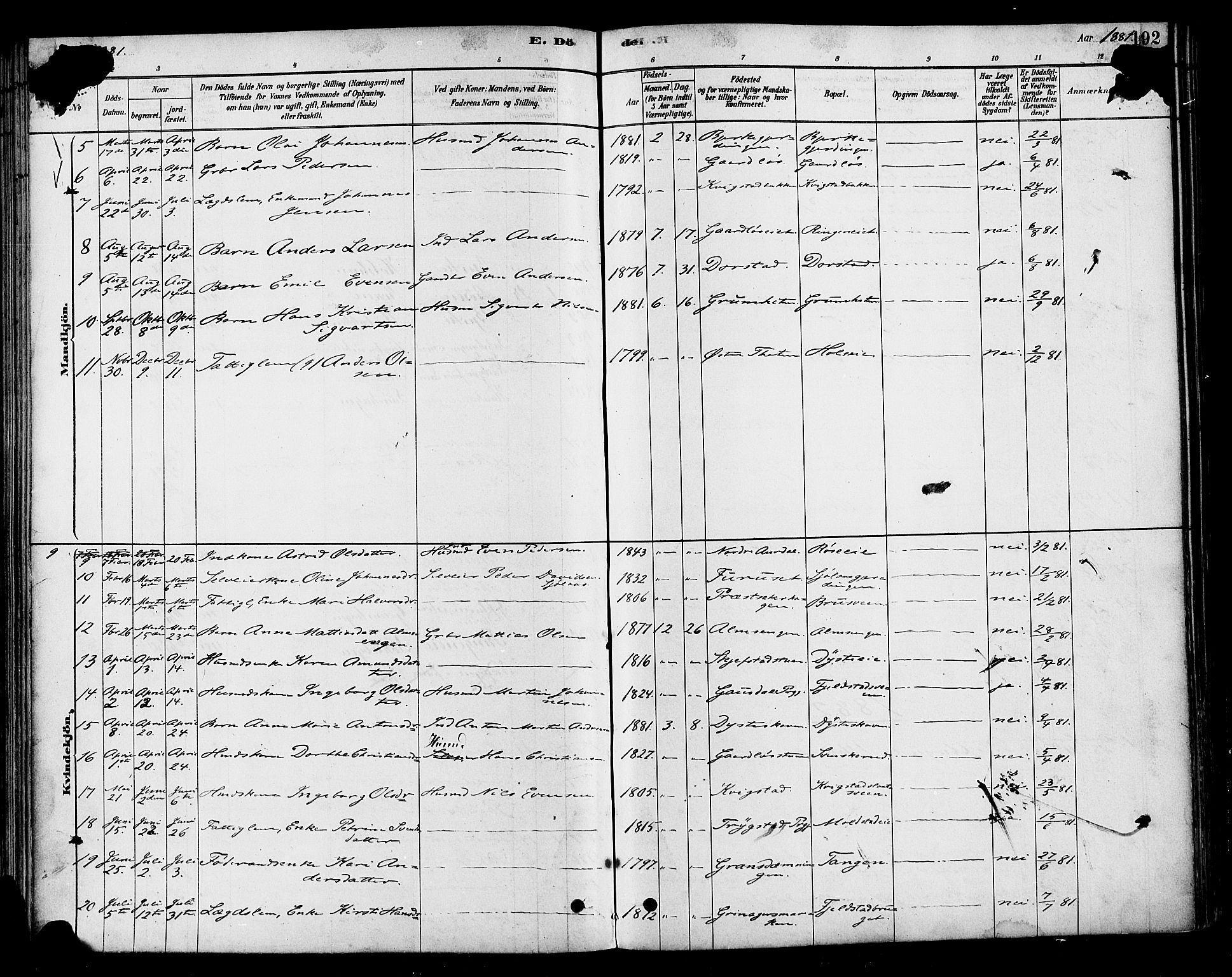 Vestre Toten prestekontor, SAH/PREST-108/H/Ha/Haa/L0010: Parish register (official) no. 10, 1878-1894, p. 192