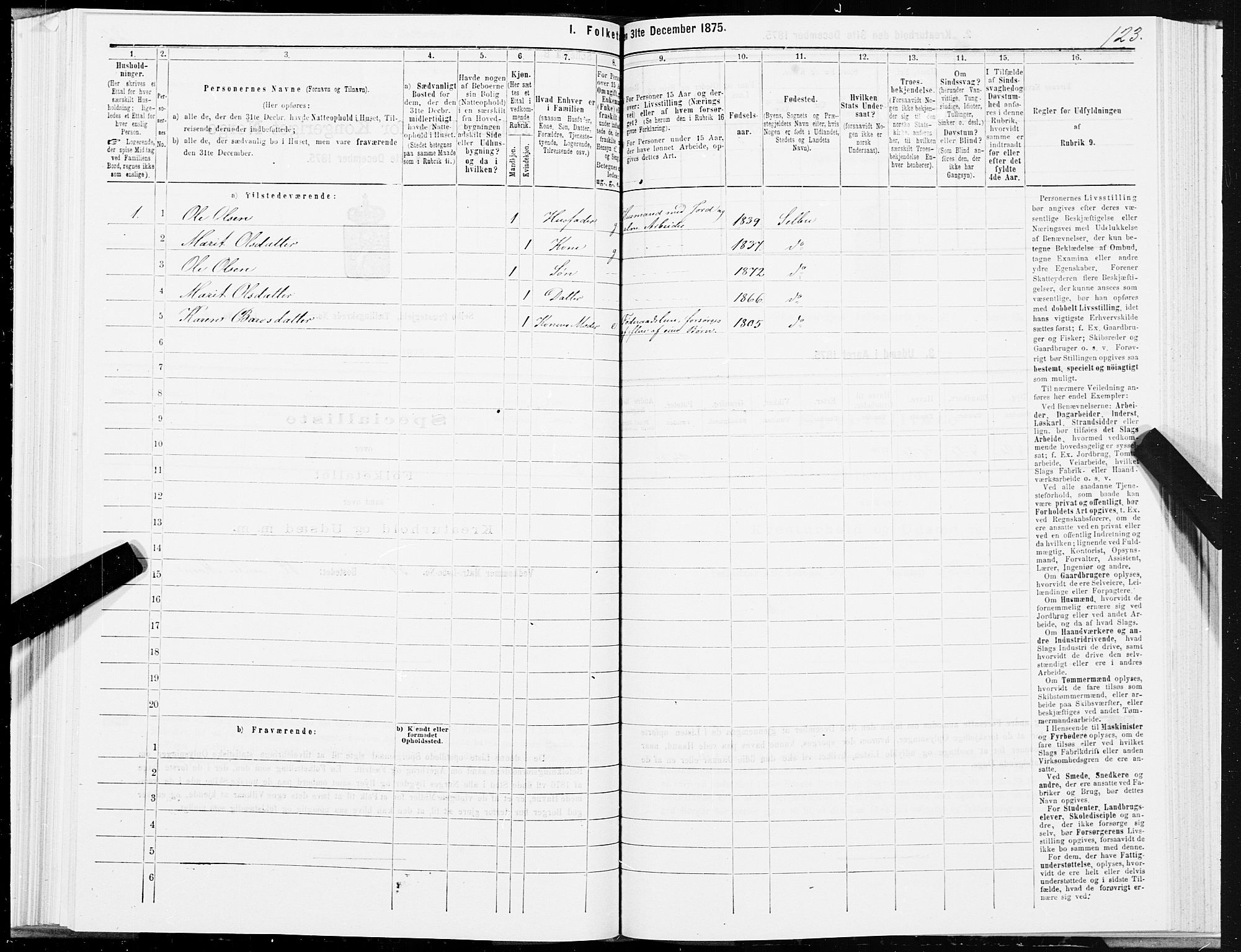 SAT, 1875 census for 1664P Selbu, 1875, p. 2123