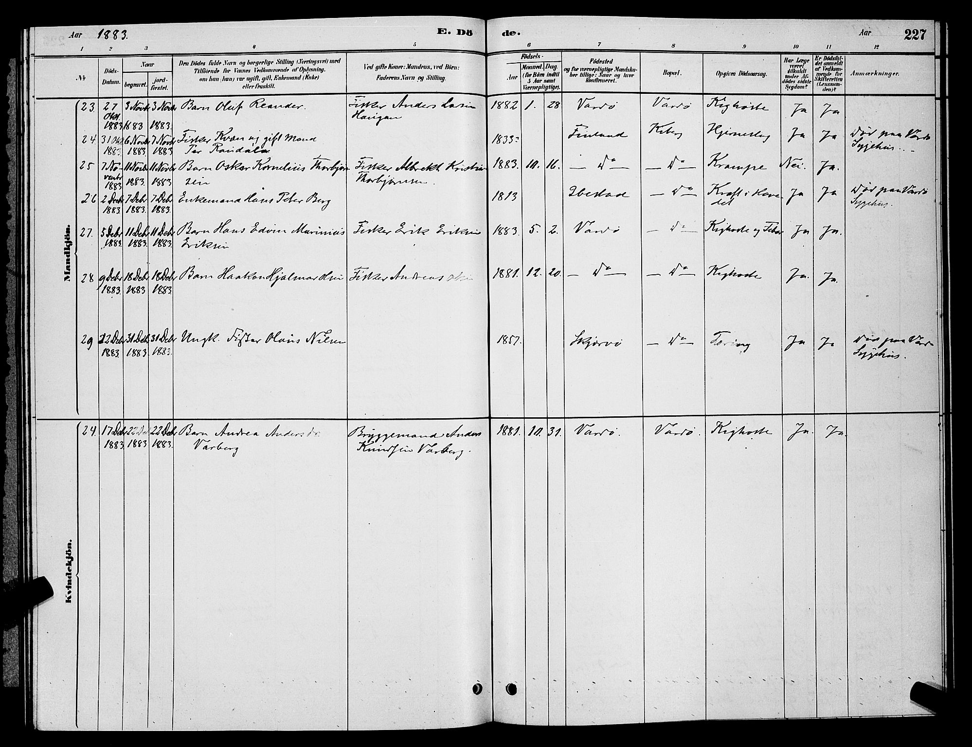 Vardø sokneprestkontor, AV/SATØ-S-1332/H/Hb/L0004klokker: Parish register (copy) no. 4, 1879-1887, p. 227