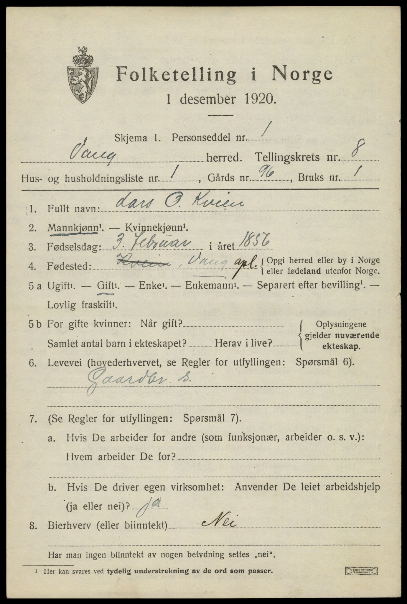 SAH, 1920 census for Vang (Oppland), 1920, p. 3389