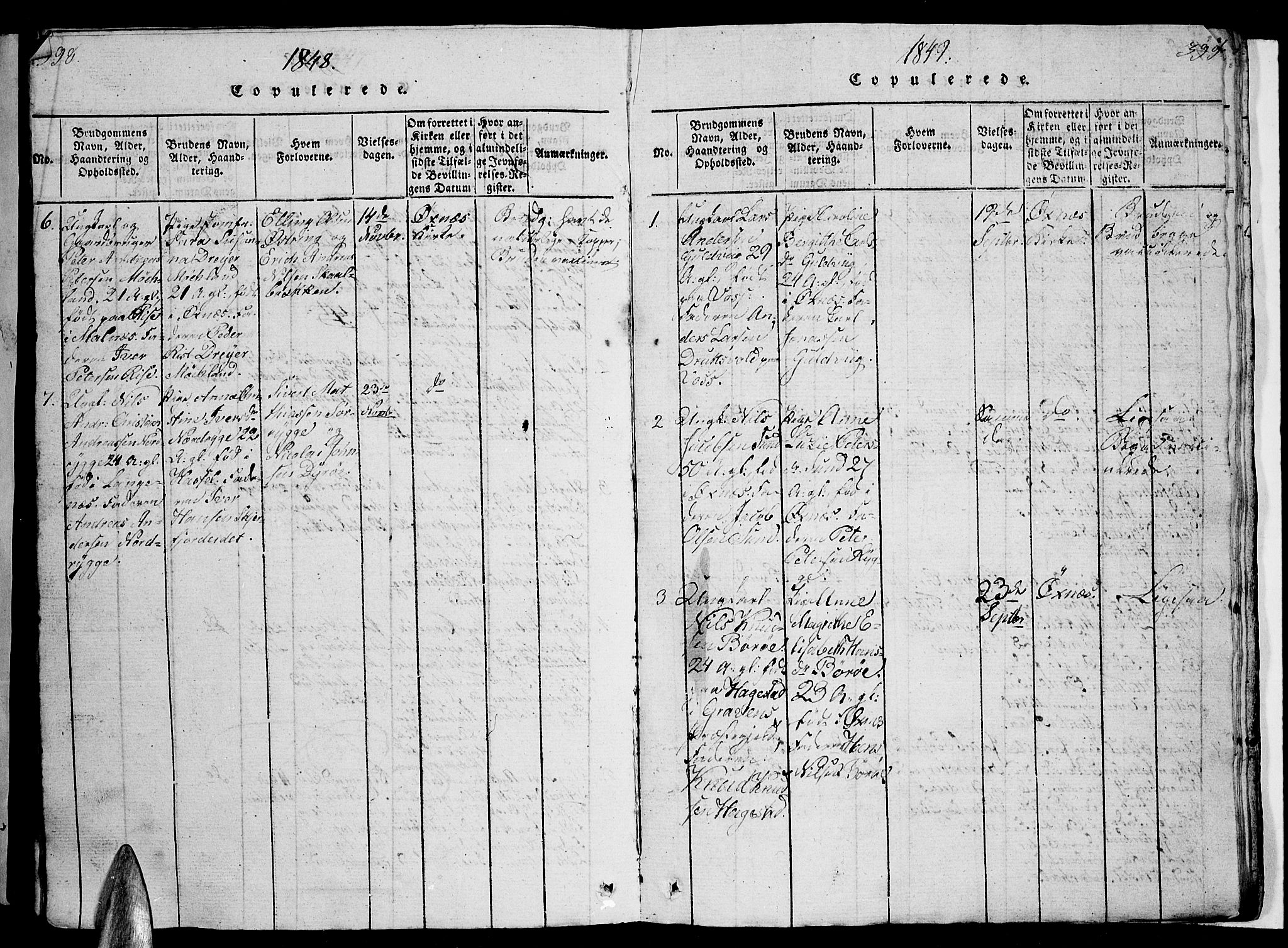 Ministerialprotokoller, klokkerbøker og fødselsregistre - Nordland, AV/SAT-A-1459/893/L1346: Parish register (copy) no. 893C01, 1820-1858, p. 398-399