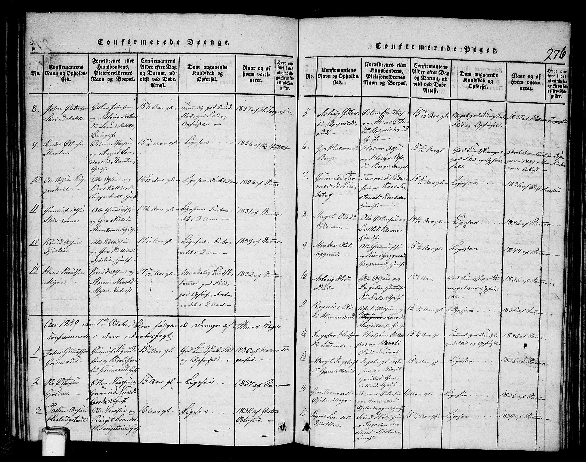 Tinn kirkebøker, SAKO/A-308/G/Gb/L0001: Parish register (copy) no. II 1 /2, 1837-1850, p. 276