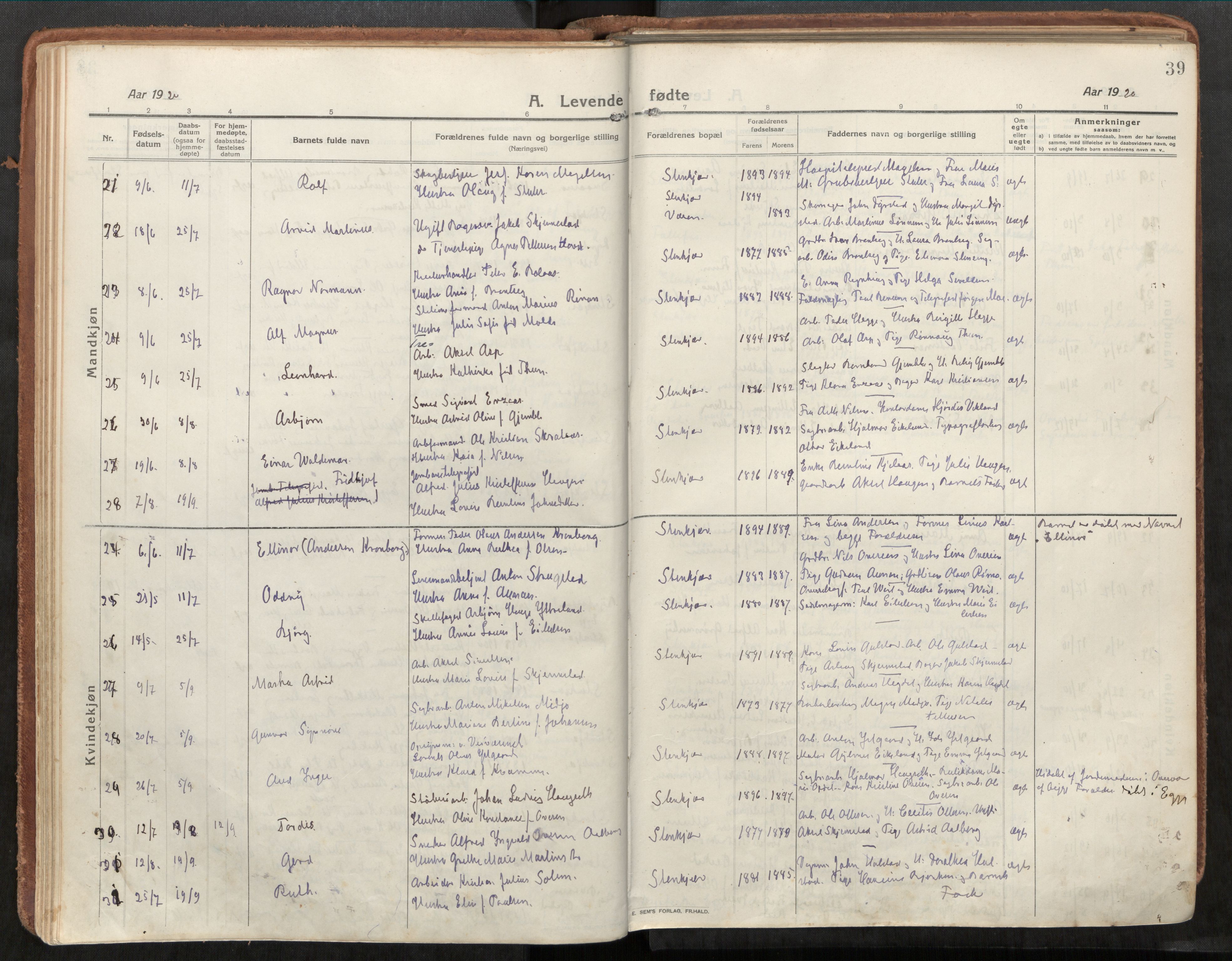 Steinkjer sokneprestkontor, AV/SAT-A-1541/01/H/Ha/Haa/L0003: Parish register (official) no. 3, 1913-1922, p. 39