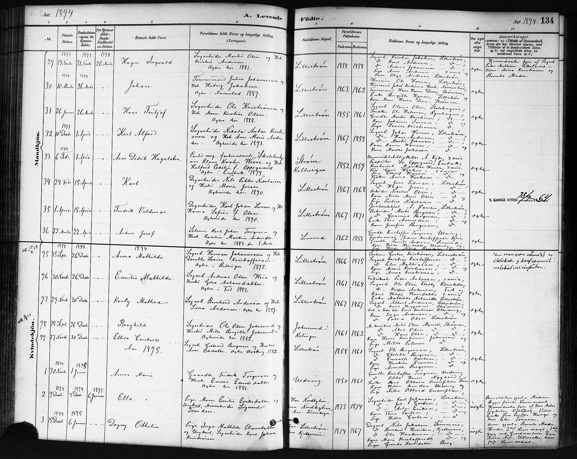 Skedsmo prestekontor Kirkebøker, AV/SAO-A-10033a/G/Ga/L0004: Parish register (copy) no. I 4, 1883-1895, p. 134