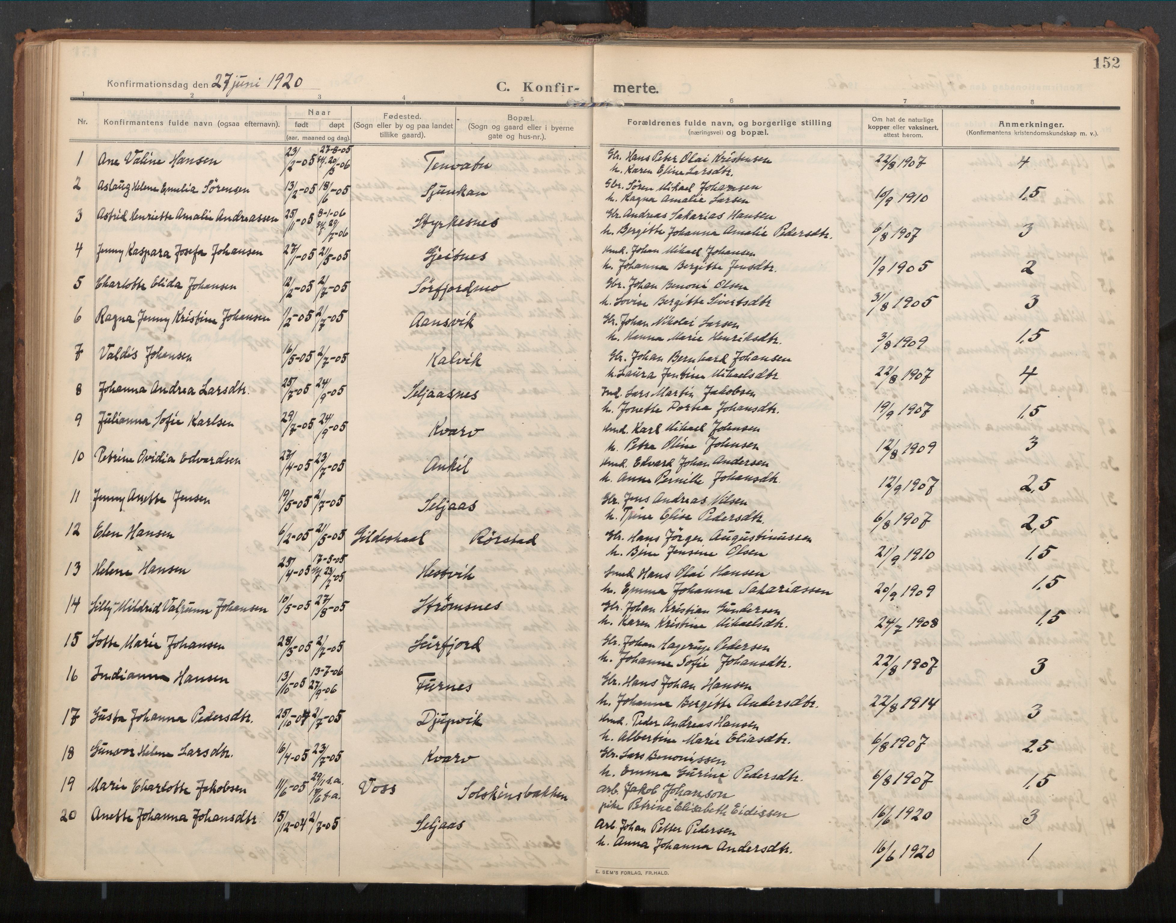 Ministerialprotokoller, klokkerbøker og fødselsregistre - Nordland, AV/SAT-A-1459/854/L0784: Parish register (official) no. 854A07, 1910-1922, p. 152