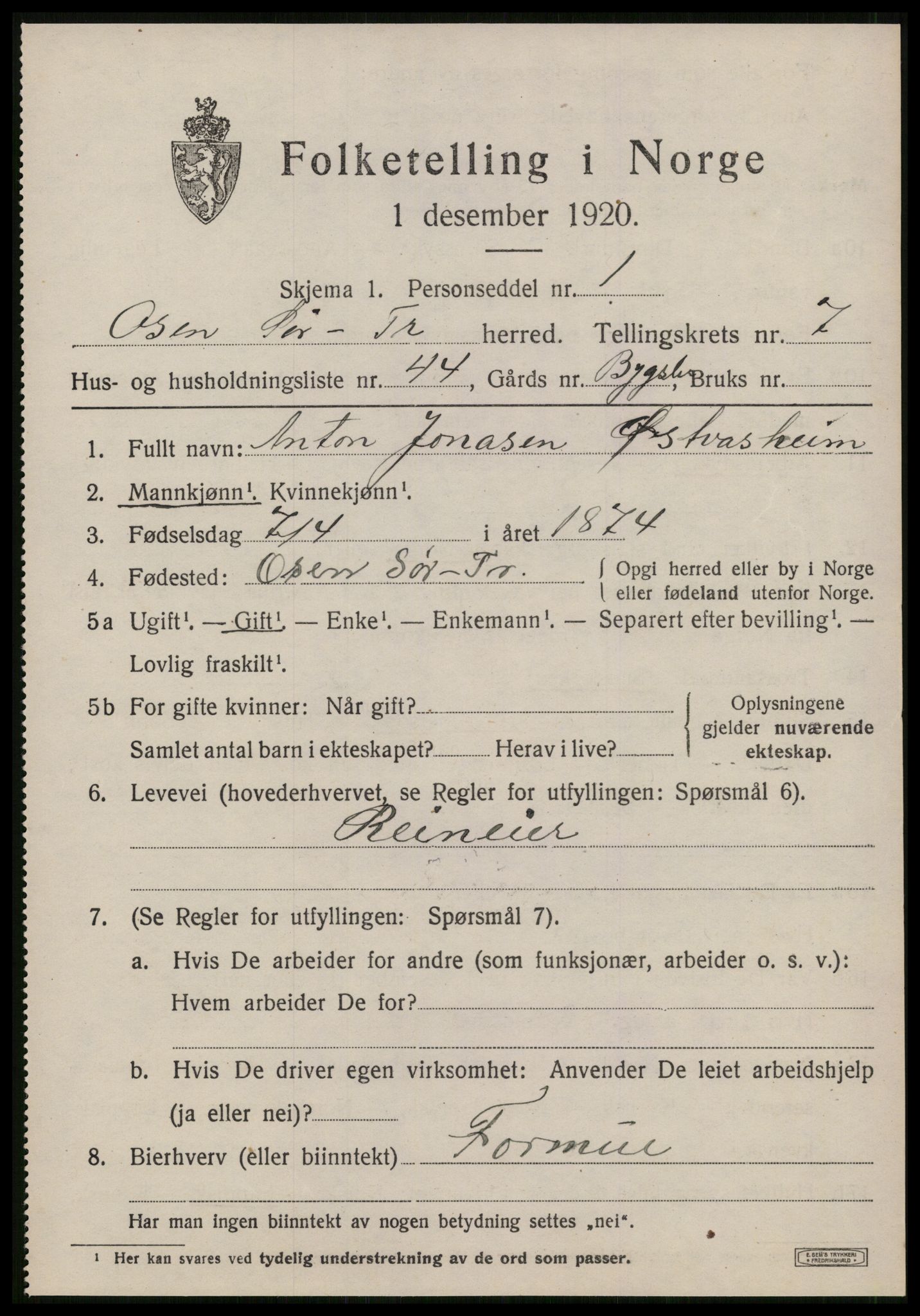 SAT, 1920 census for Osen, 1920, p. 3643