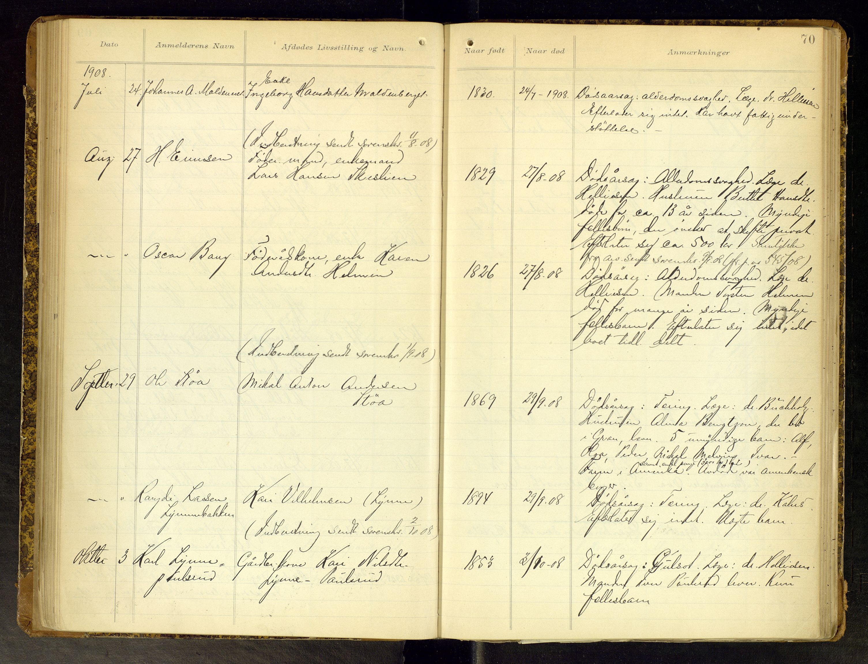 Gran lensmannskontor, AV/SAH-LOG-010/H/Ha/L0002: Dødsfallsprotokoll, 1899-1917, p. 70