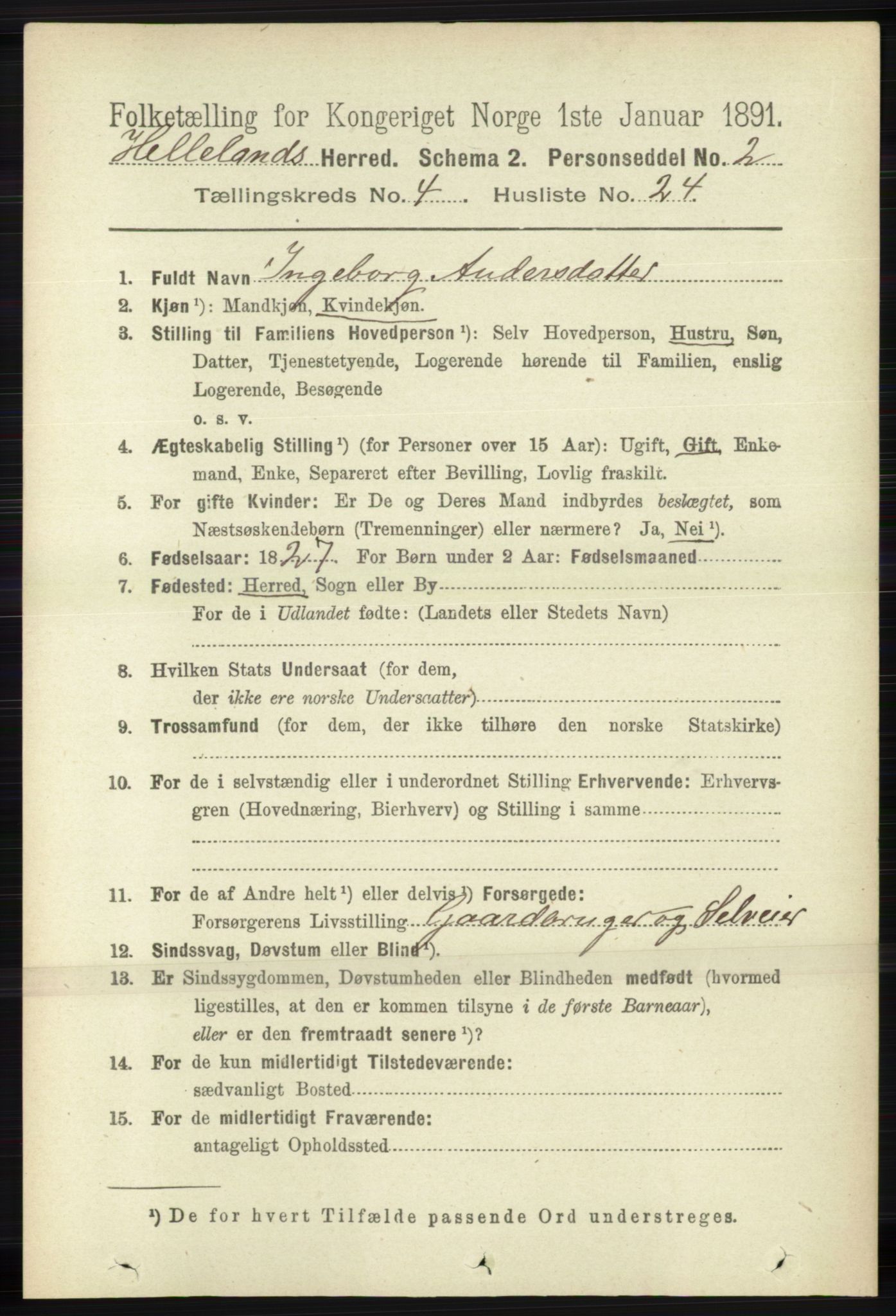 RA, 1891 census for 1115 Helleland, 1891, p. 1308