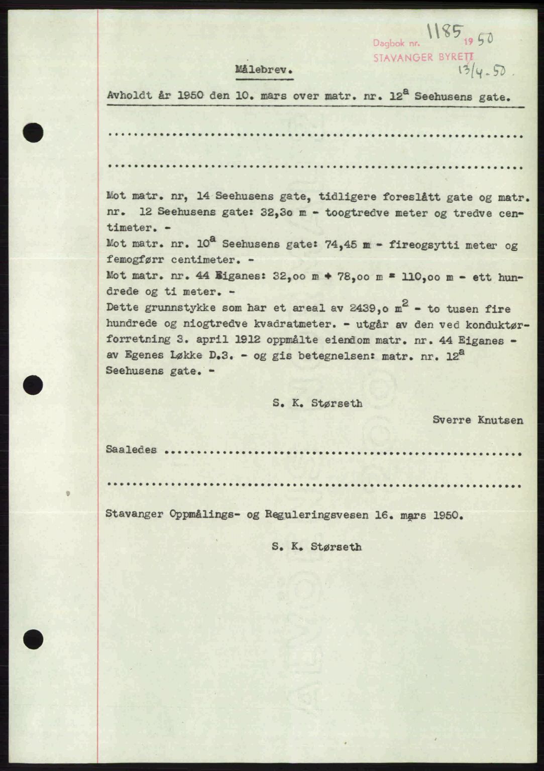 Stavanger byrett, SAST/A-100455/002/G/Gb/L0024: Mortgage book no. A13, 1949-1950, Diary no: : 1185/1950