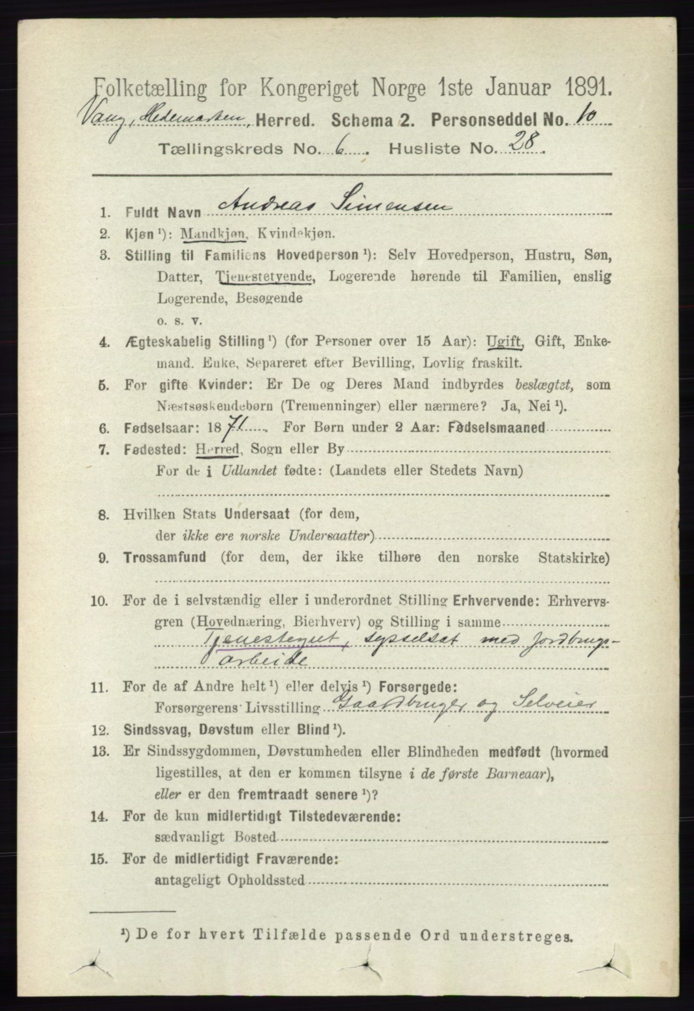 RA, 1891 census for 0414 Vang, 1891, p. 4445