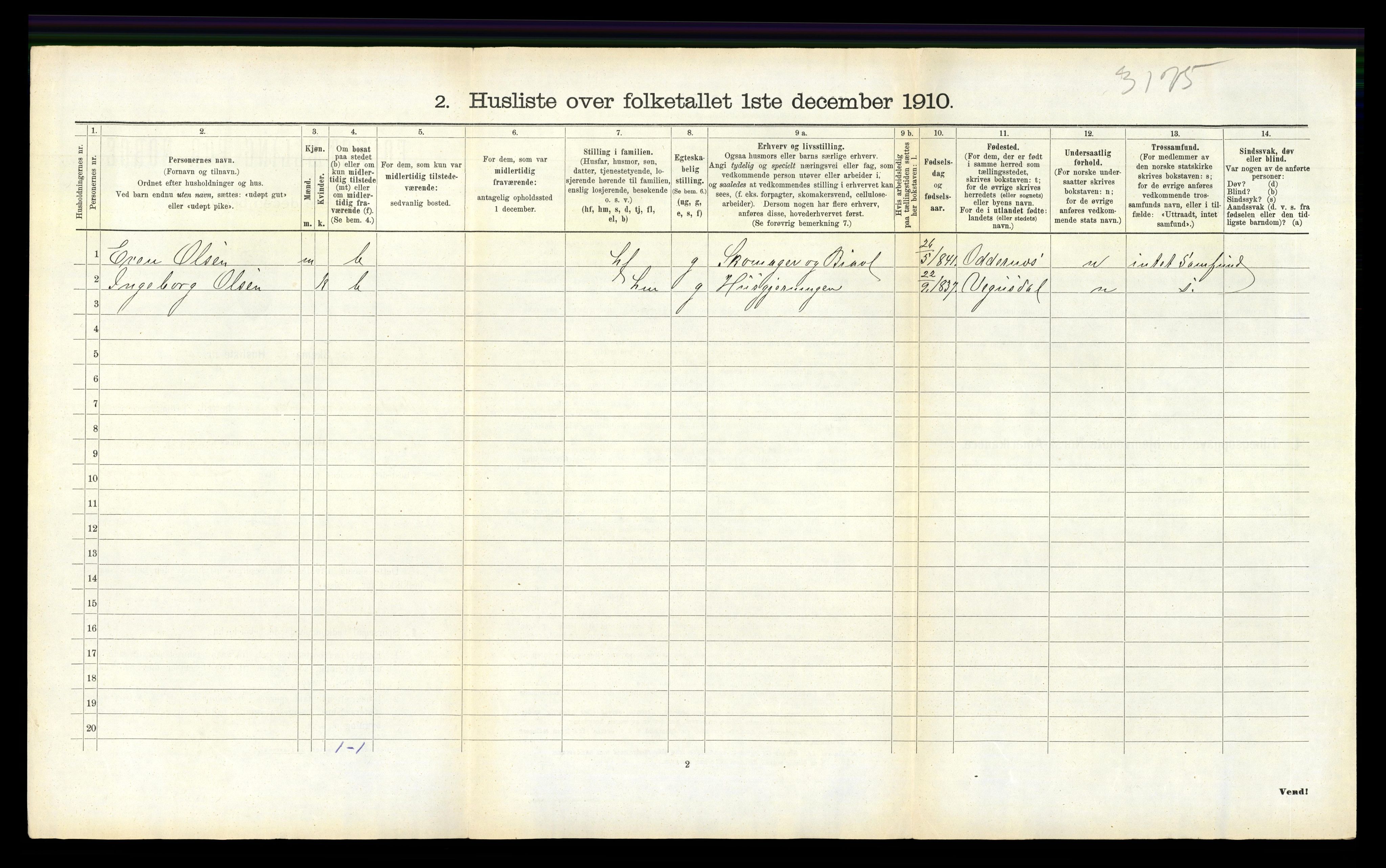 RA, 1910 census for Vestre Moland, 1910, p. 179