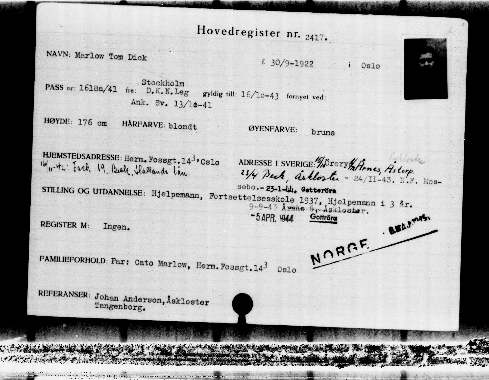Utenriksstasjonene, Legasjonen i Stockholm, Flyktningkontoret, AV/RA-S-6753/V/Va/L0003: Kjesäterkartoteket, flyktninger med registreringsnr. 2001-3495, 1940-1945, p. 744