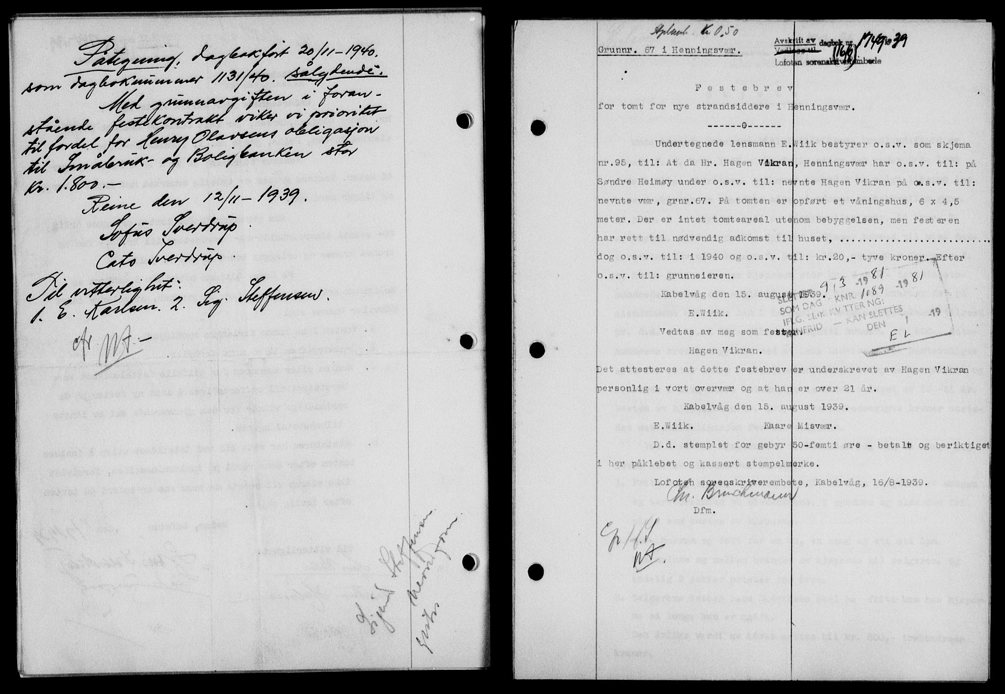 Lofoten sorenskriveri, SAT/A-0017/1/2/2C/L0006a: Mortgage book no. 6a, 1939-1939, Diary no: : 1749/1939