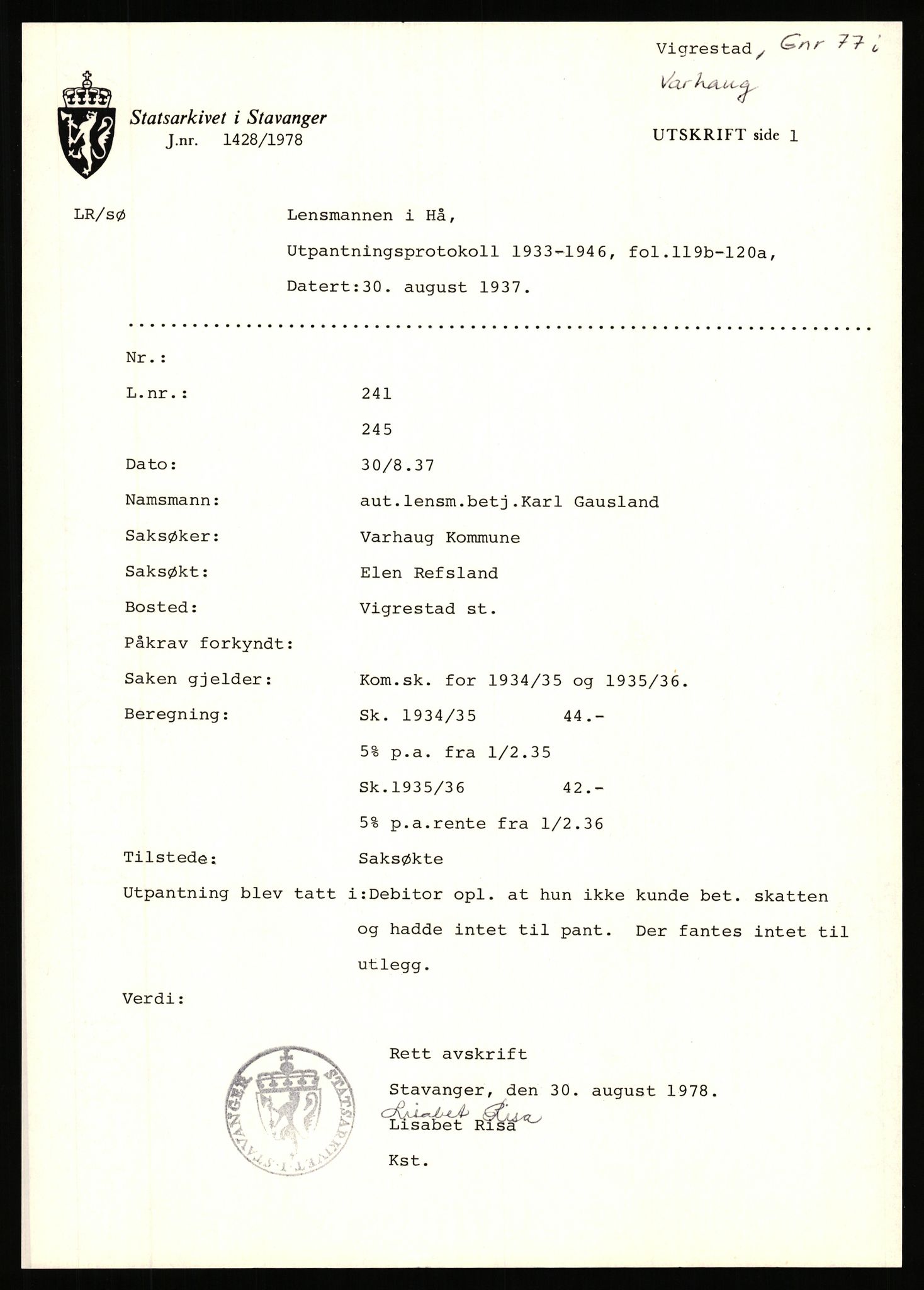 Statsarkivet i Stavanger, AV/SAST-A-101971/03/Y/Yj/L0094: Avskrifter sortert etter gårdsnavn: Vetrhus - Vik i Nerstrand, 1750-1930, p. 640